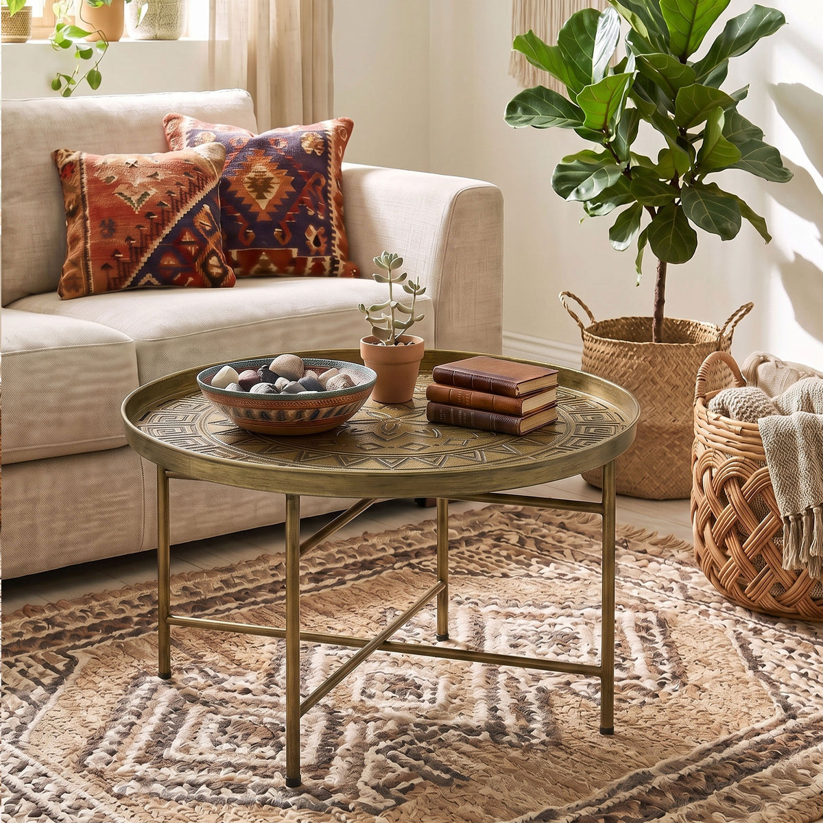 Coffee Table for Living Room, 24" Round Center Table with Hammered Tray Top and Metal Frame for Bedroom, Gold