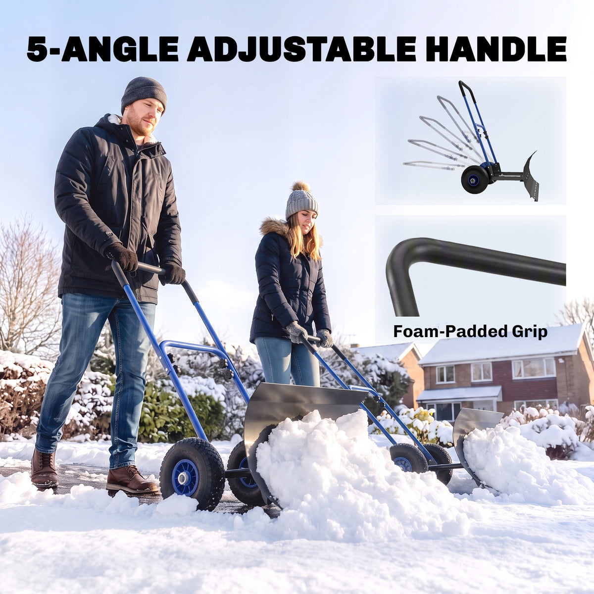 Snow Shovel with Wheels, 29" x 16.5" Metal Snow Pusher with Adjustable Handle, 5-Angle Blade for Driveway, Blue