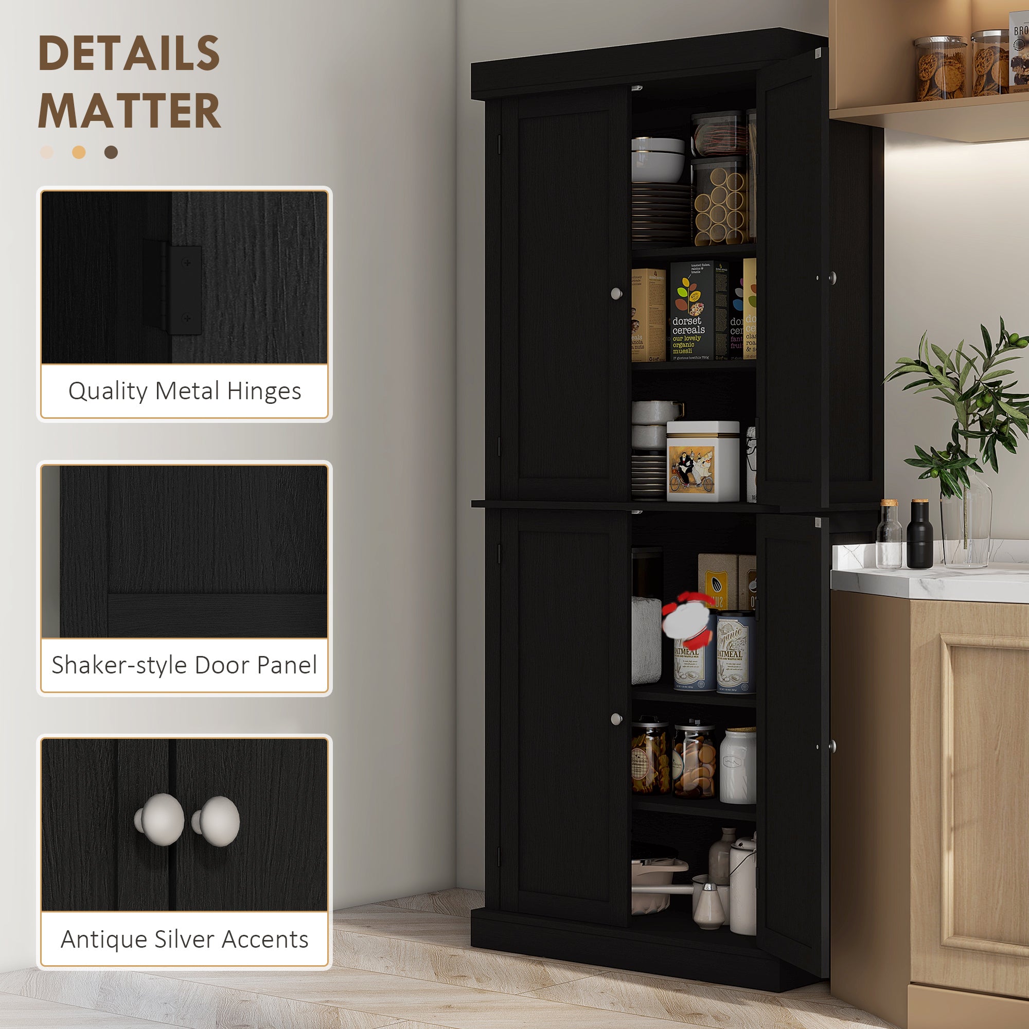 72" Kitchen Cabinet, Pantry Storage Cabinet with Doors and Shelves, Freestanding Food Pantry Cabinet, Black Wood Grain