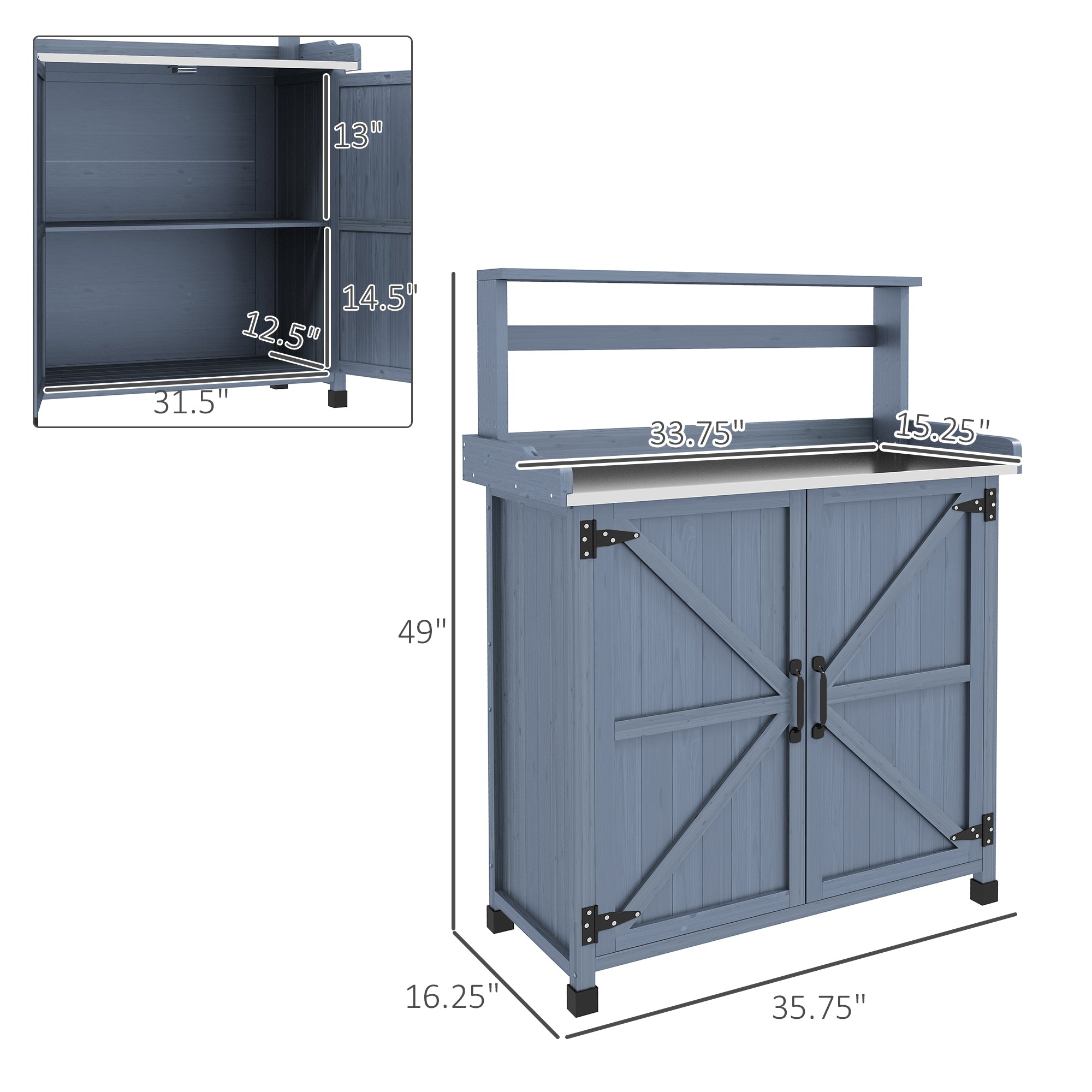 Outdoor Wooden Potting Bench with Storage Cabinet, Shelves, Galvanized Plated Tabletop for Backyard, Balcony, Gray - Gray - Image 3