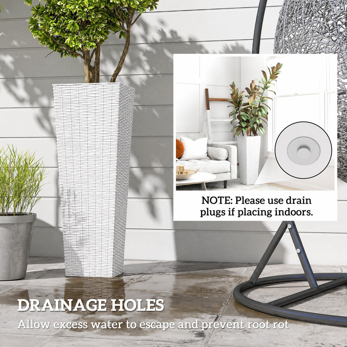 32 Inch Tall Planters for Outdoor Plants, Set of 2 Plastic Flower Pots with Drainage Holes, White