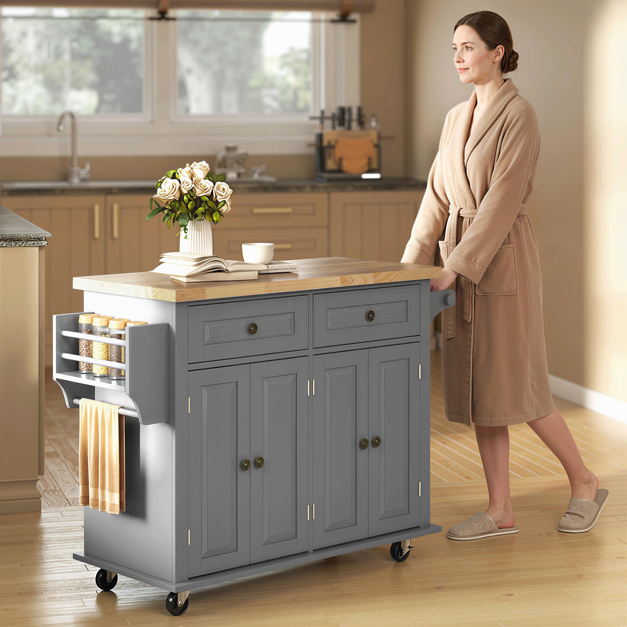 44" Mobile Kitchen Island Table, Kitchen Island Cart on Wheels with Storage Cabinets, 2 Drawers, Gray