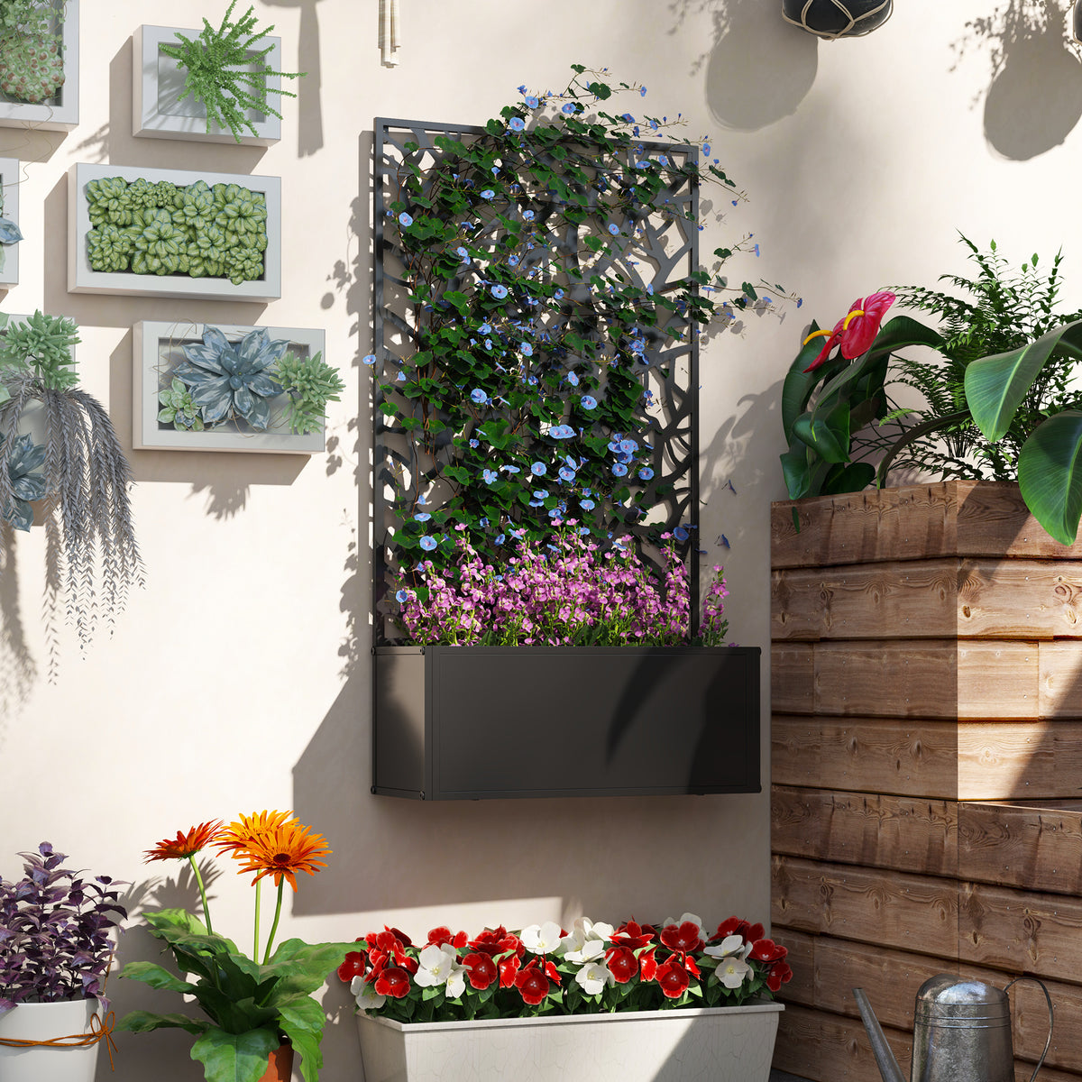 Metal Garden Bed with Trellis for Climbing Plants, Freestanding or Wall Mounted Flower Bed for Garden, Patio, Balcony