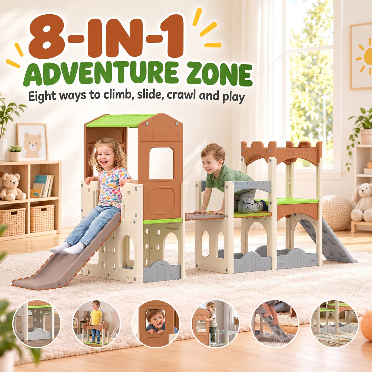 8 in 1 Toddler Slide Set with Balance Bridge, Playhouse, Climber, Storage, Indoor Playset Playground for 3-6 Years