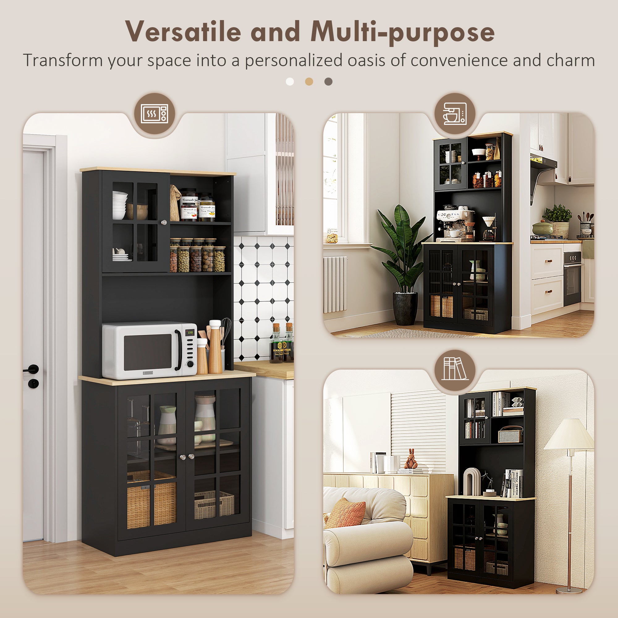 Kitchen Pantry Storage Cabinet, 72" Freestanding Cabinet with Hutch, Large Countertop, Glass Doors and Adjustable Shelves for Dining Room, Black