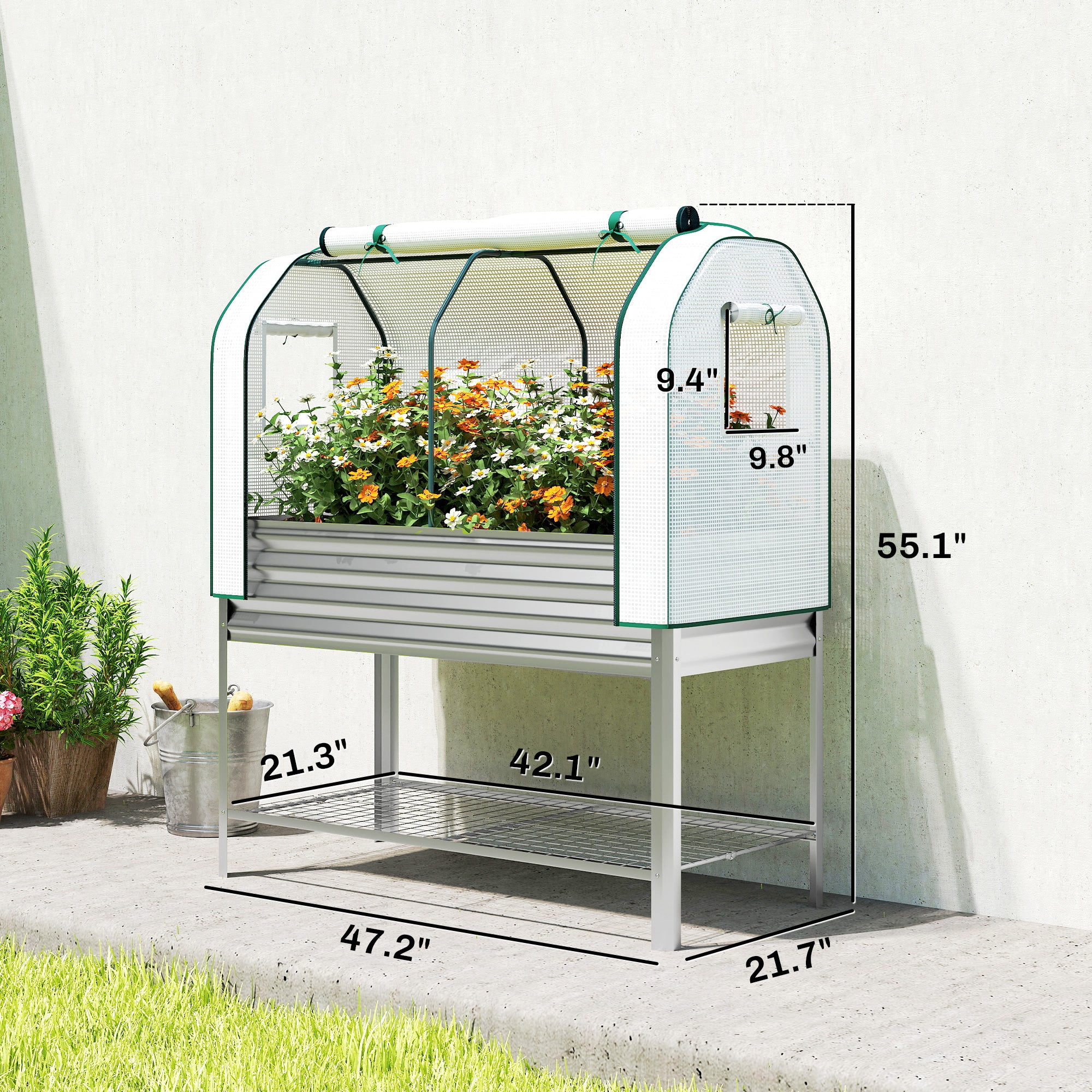 Galvanised Raised Garden Bed with Greenhouse Cover, Metal Elevated Garden Bed with Bed Liner, Bottom Shelf, Silver - Silver - Image 3