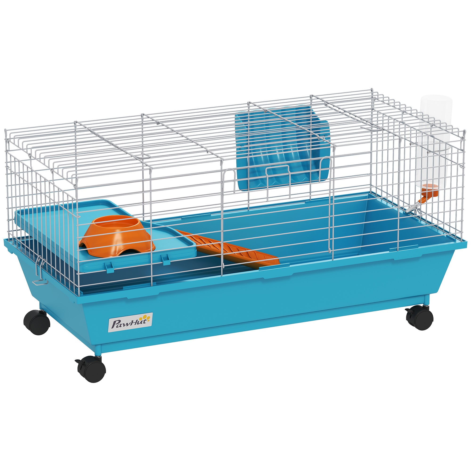 35"L Small Animal Cage, Rolling Bunny Cage, Guinea Pig Cage with Wheels, Food Dish, Water Bottle, Hay Feeder, Blue - Blue