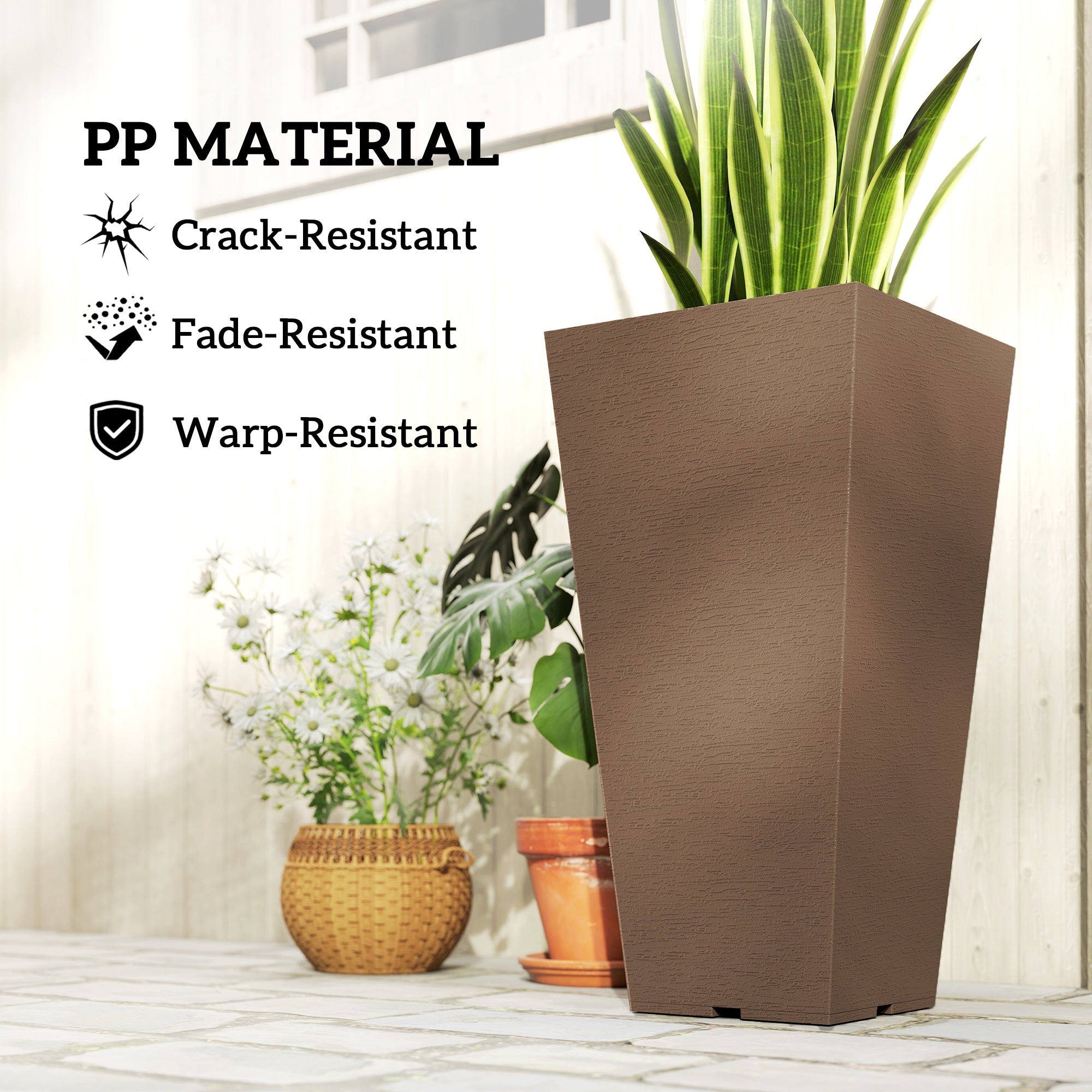 23 Inch Tall Planters for Outdoor Plants, Set of 2 Plastic Flower Pots, for Front Door Patio Garden Use, Brown - Brown - Image 5