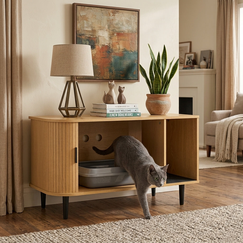 Cat Litter Box Enclosure with Sliding Door, Litter Mat, Modern Cat House, TV Stand, Side End Table for Living Room