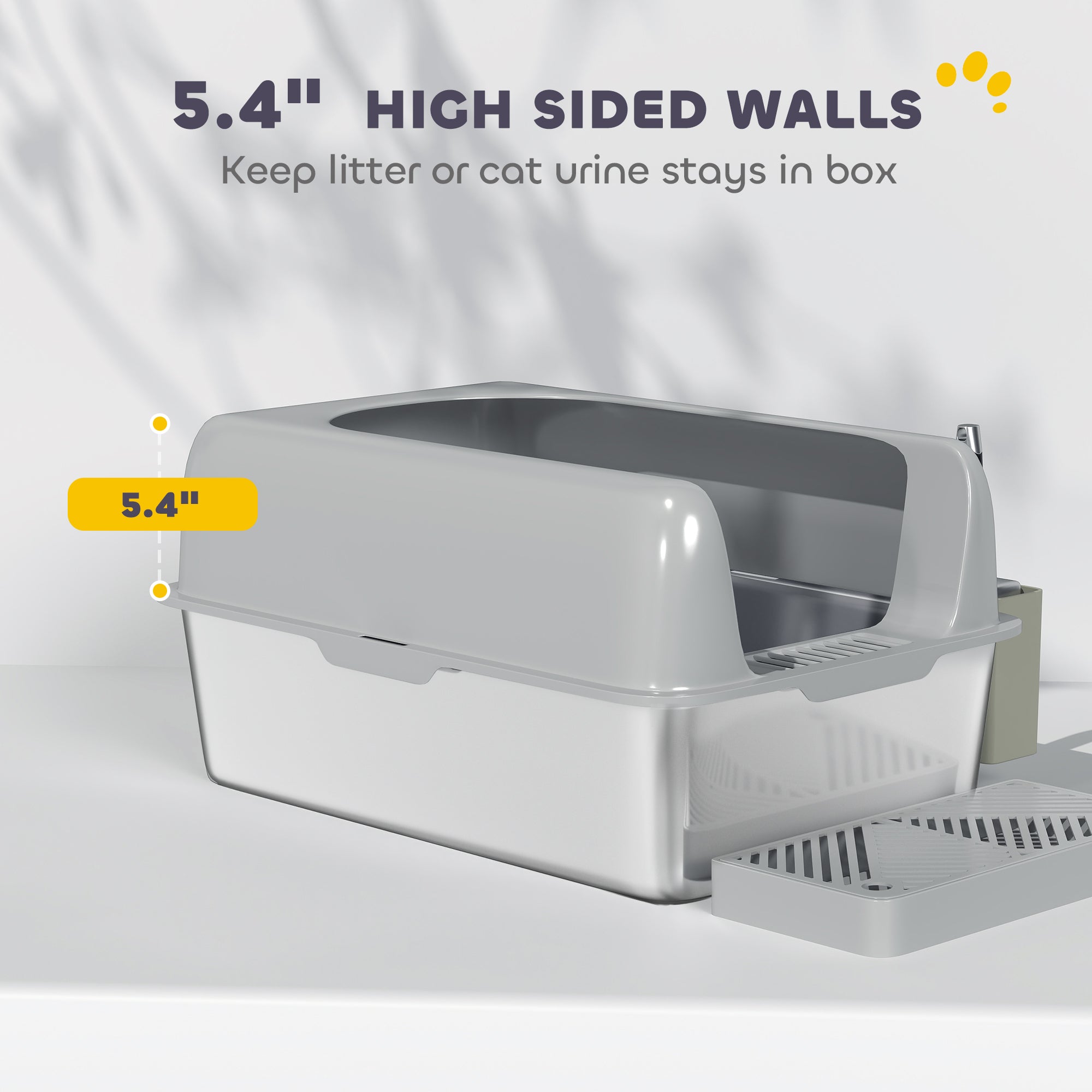 High Sided Stainless Steel Litter Box with Metal Scoop & Scoop Holder, for Easy Clean& Anti-Urine Leakage, Light Gray - Light Gray - Image 4