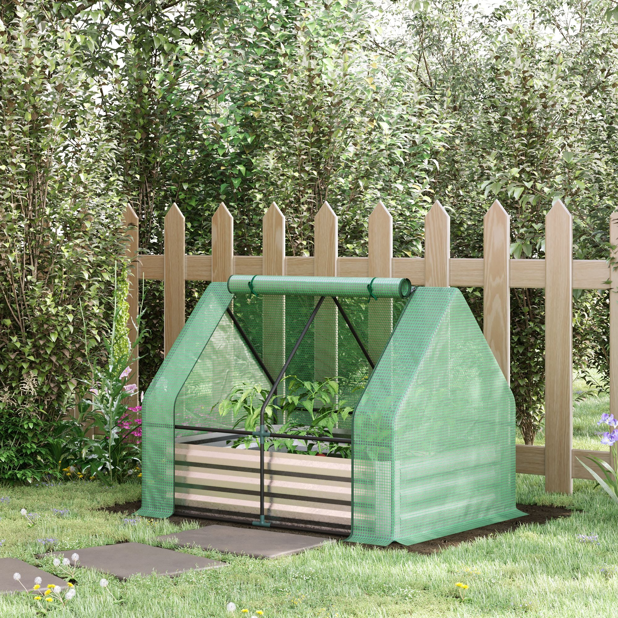 4 x 3 x 3ft Raised Garden Bed with Mini Greenhouse, Galvanized Raised Garden Bed with Cover for Herbs and Vegetables, Small Greenhouse for Patio Garden Balcony, Green - Green - Image 2