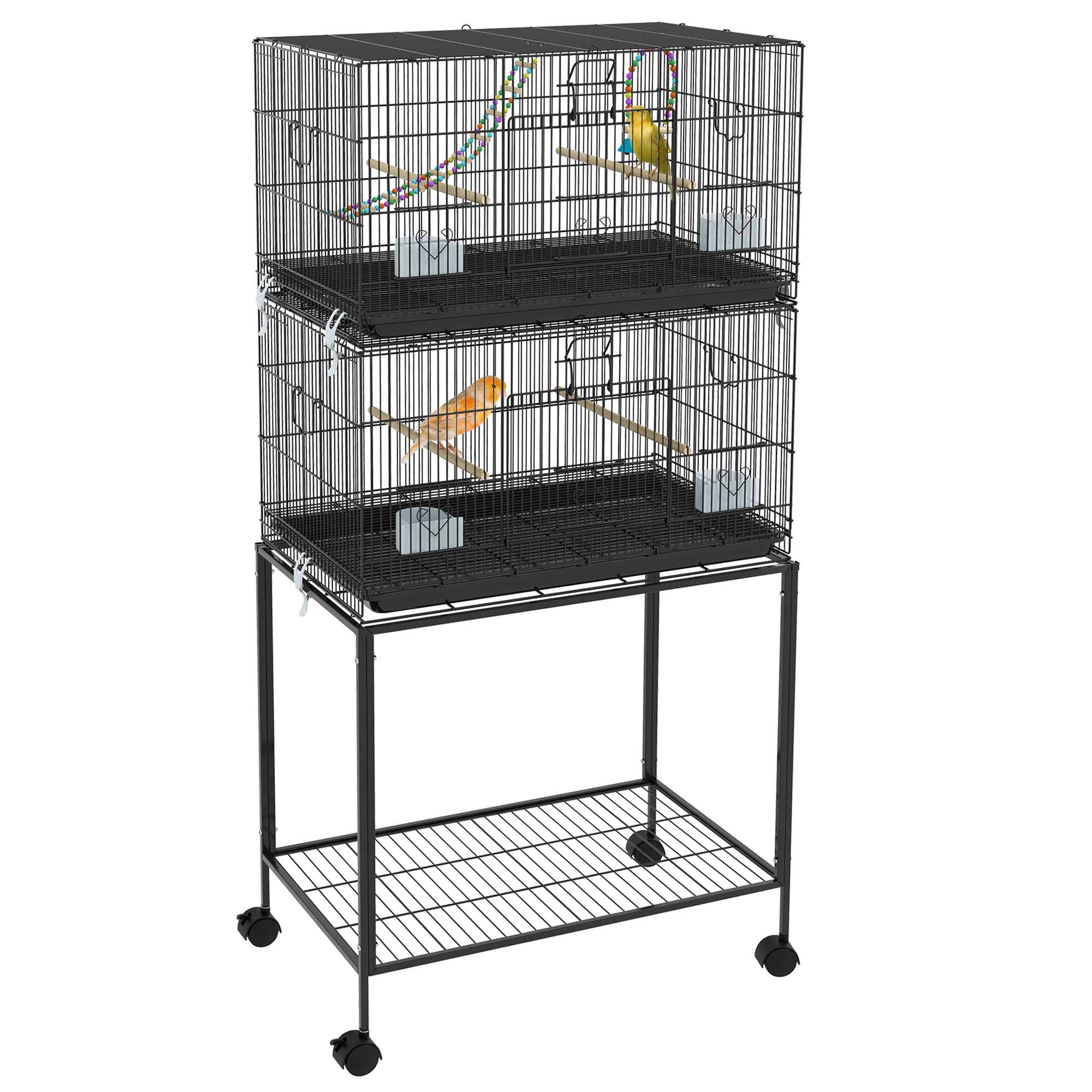 Double Stackable Bird Cage on Wheels w/ Stand, for Canaries - Black