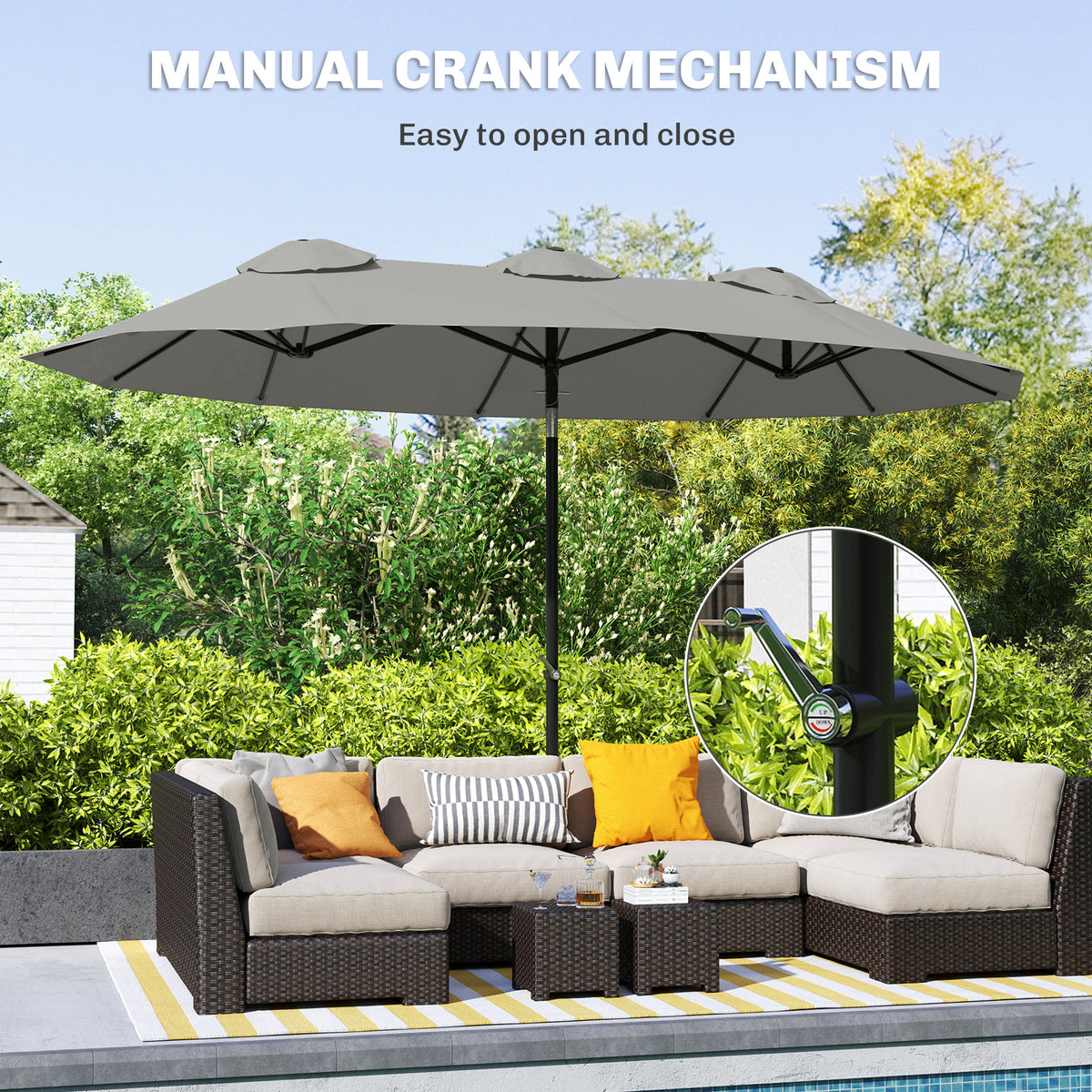 Double Sided Patio Umbrella, 9.7' Large Outdoor Market Umbrella with Push Button Tilt and Crank, 3 Air Vents and 12 Ribs, for Garden, Deck, Pool, Gray