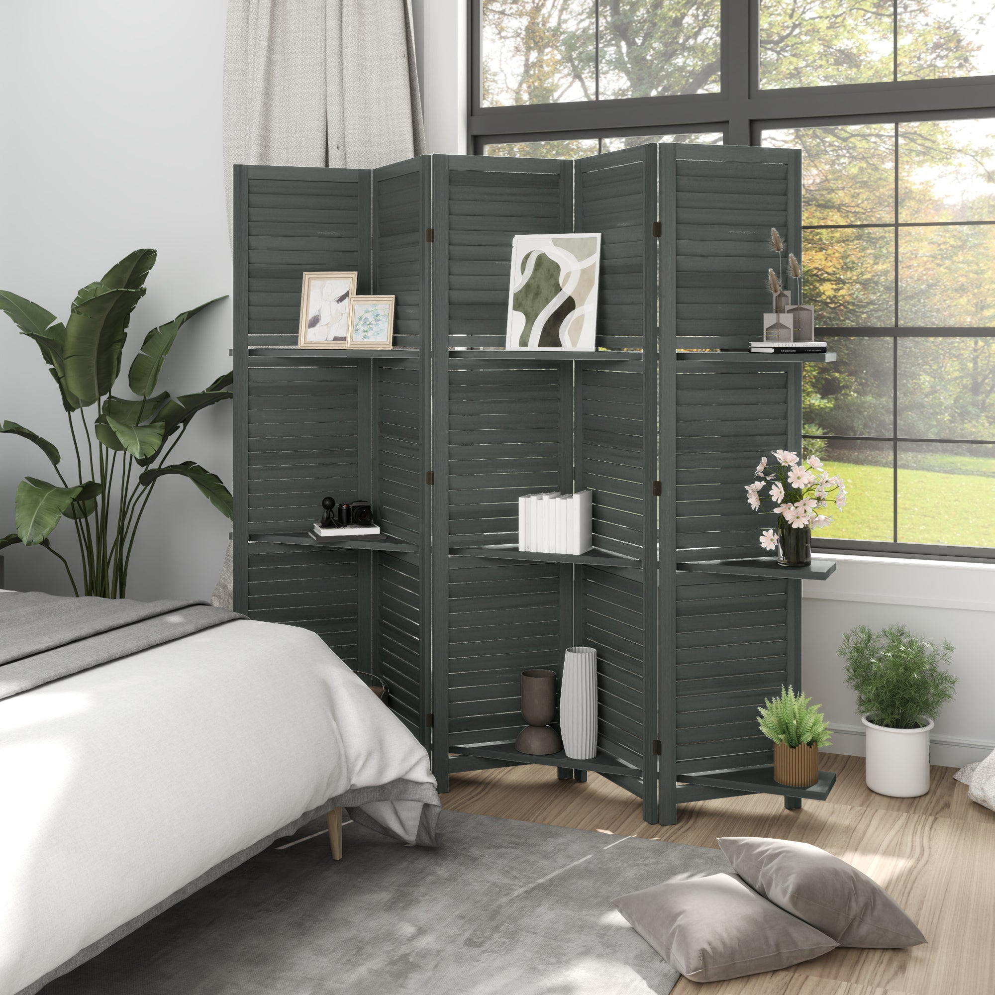 5 Panel 67" Tall Wood Privacy Screen Room Divider with 3 Shelves and Folding Storage for Bedroom, Gray