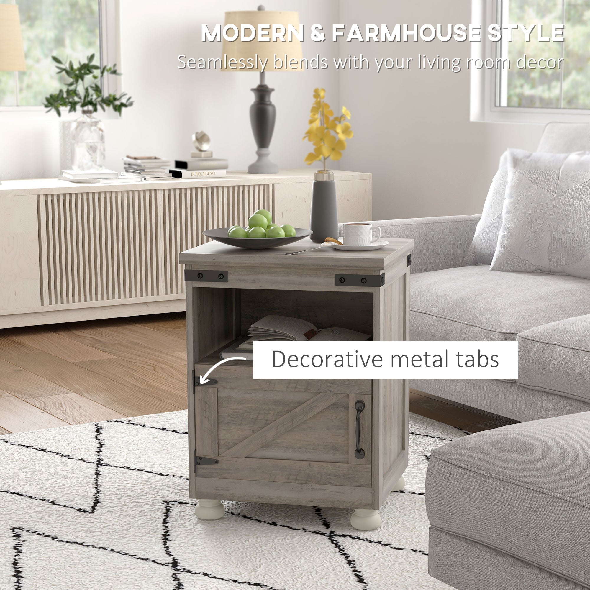 Side Table with Storage, End Table with Open Shelf, Cupboard and Wood Legs, Modern and Farmhouse Style, Gray