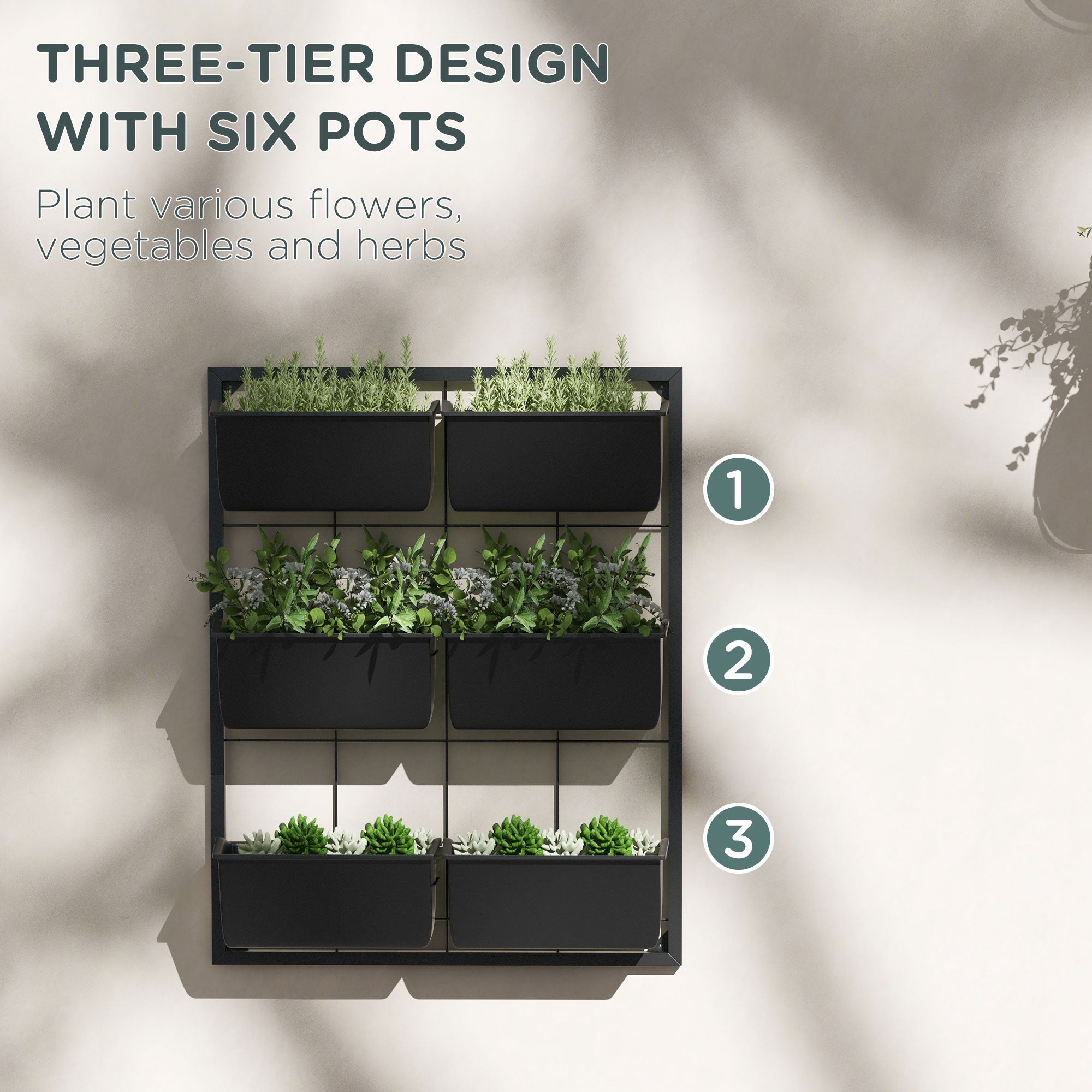 3-Tier Hanging Planter with 6 Pots for Indoor and Outdoor Use, Wall Planter, Self Draining & Wall Mounted, Black - Black - Image 5