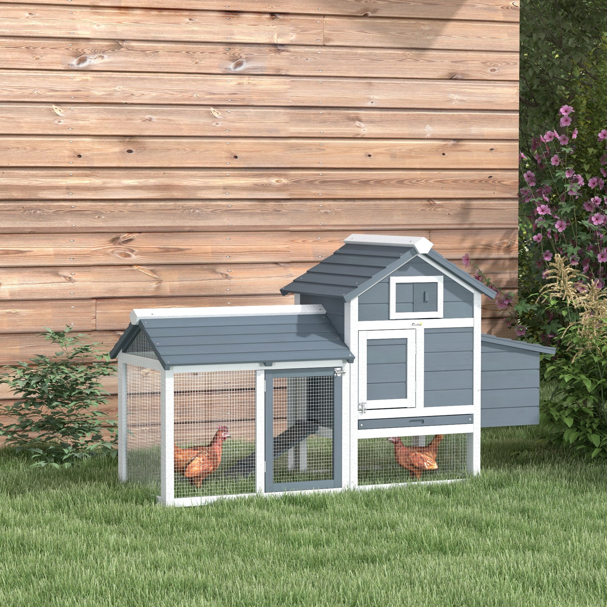 59" Small Wooden Chicken Coop Hen House Poultry Cage for Outdoor Backyard with 2 Doors, Nesting Box and Removable Tray, White - White - Image 2