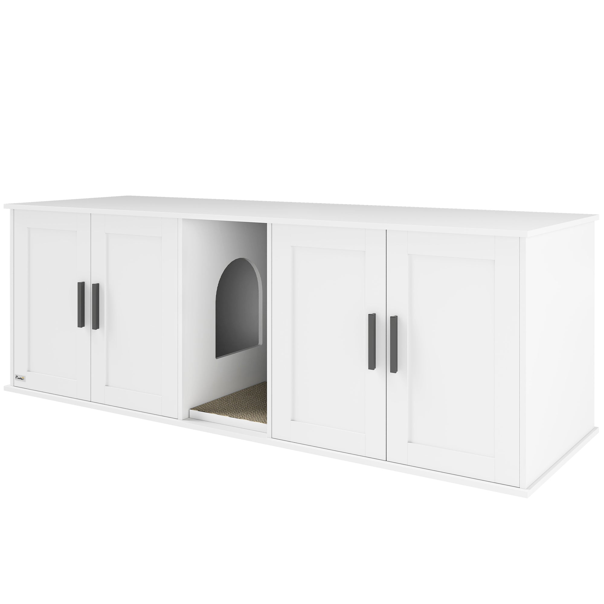 Cat Litter Box Enclosure with Double Room, Scratching Mat for 2 Cats, 57" x 19" x 20", White - White