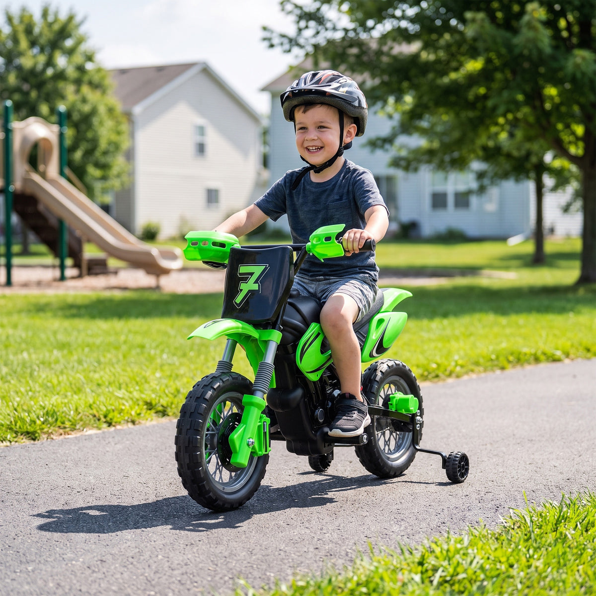 12V Kids Motorcycle, 2 x 35W Electric Dirt Bike with Training Wheels, Rear Suspension, Horn for 3-6 Years, Green