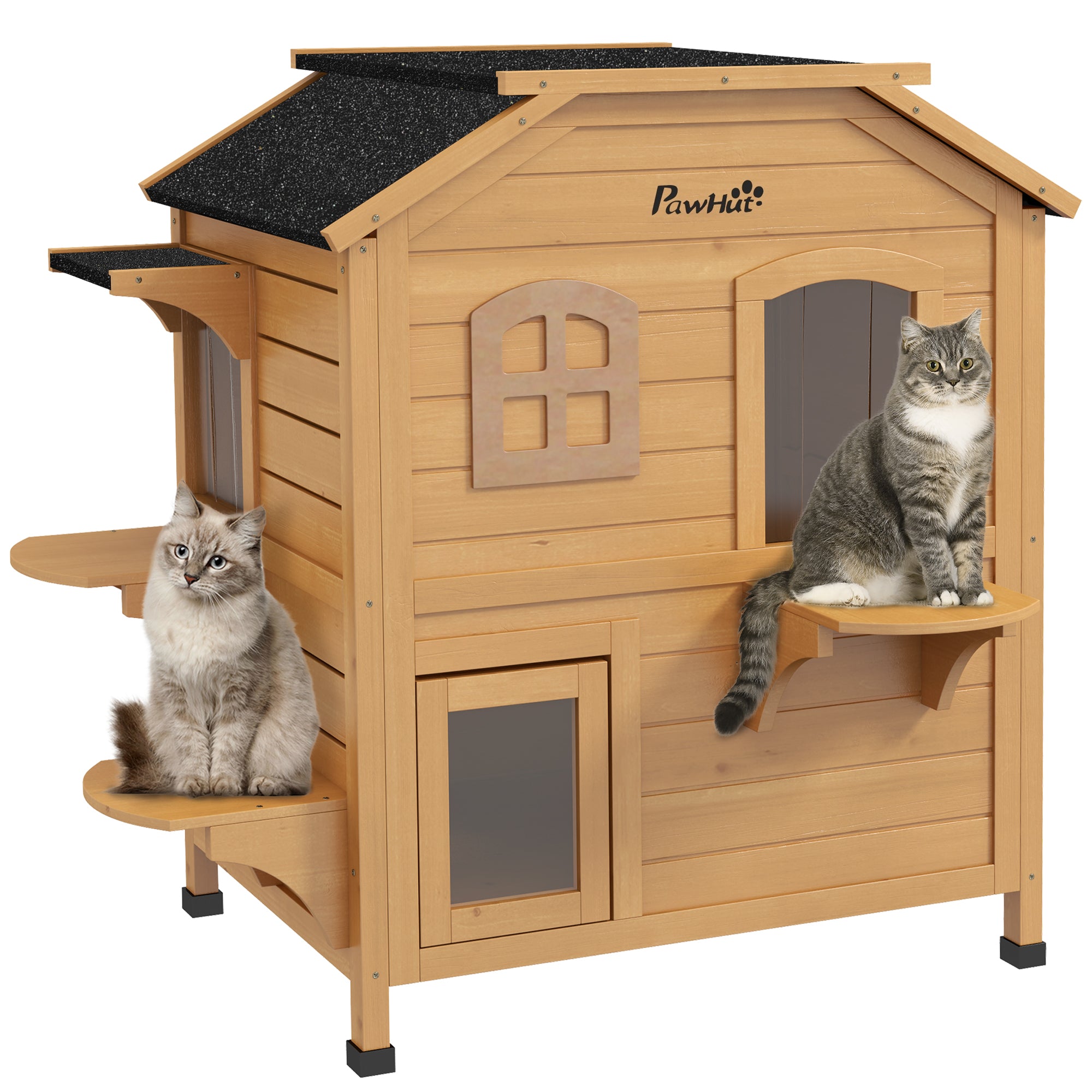 2-story Cat House Outdoor, Weatherproof Wooden Cat Enclosure for Feral Cats with Escape Door, Openable Roof, Jumping Platforms, Natural - Natural Wood