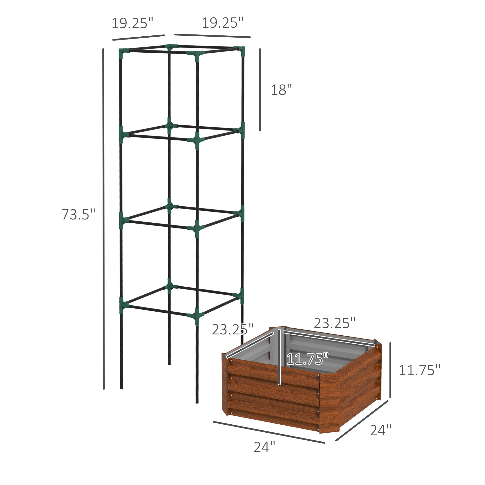 Galvanized Planter Box, 24" x 24" x 73.5" Raised Garden Bed with Tomato Cage for Climbing Vines, Brown - Brown - Image 3