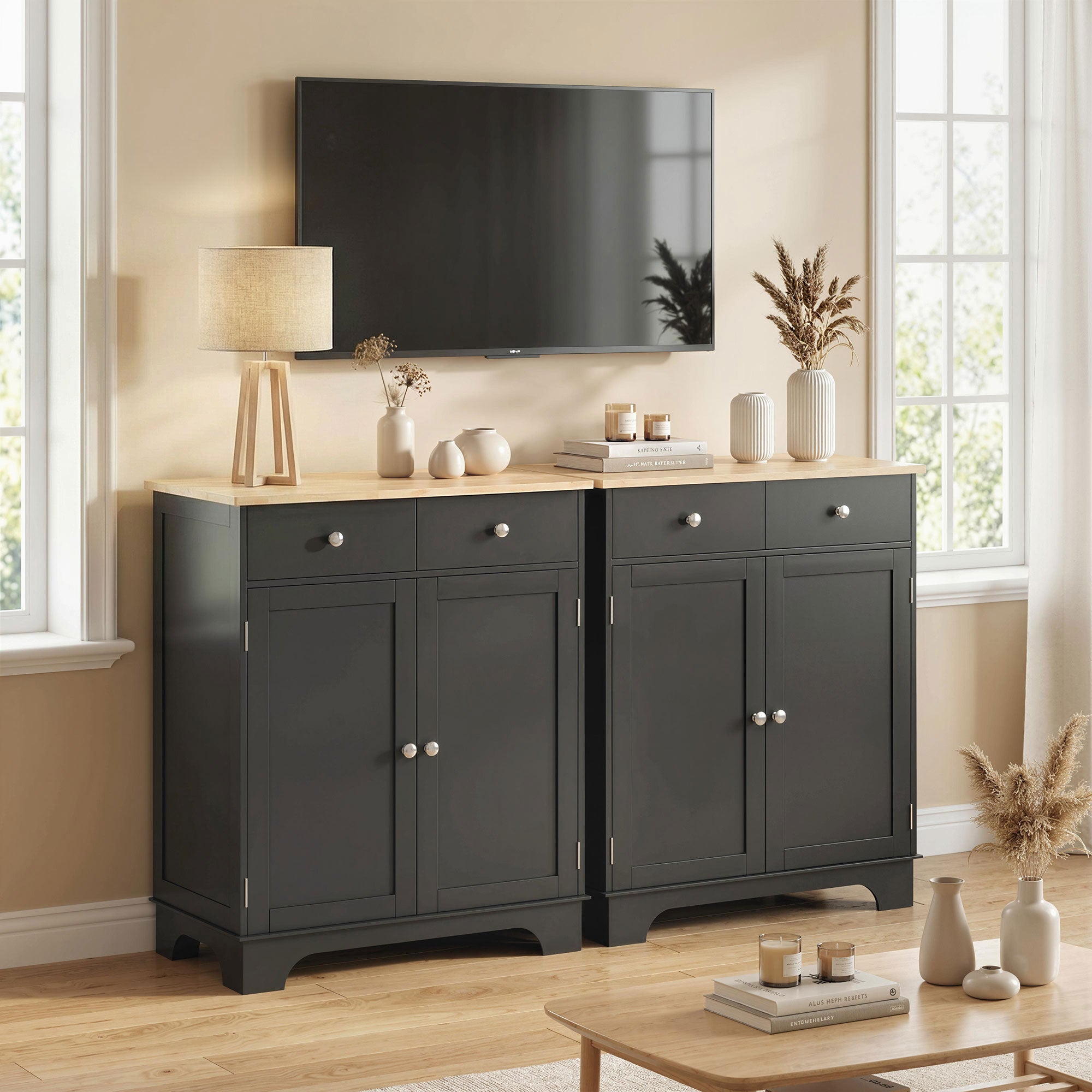 Kitchen Storage Cabinet, Sideboard Floor Cupboard with Solid Wood Top, Adjustable Shelf, and 2 Drawers, Black