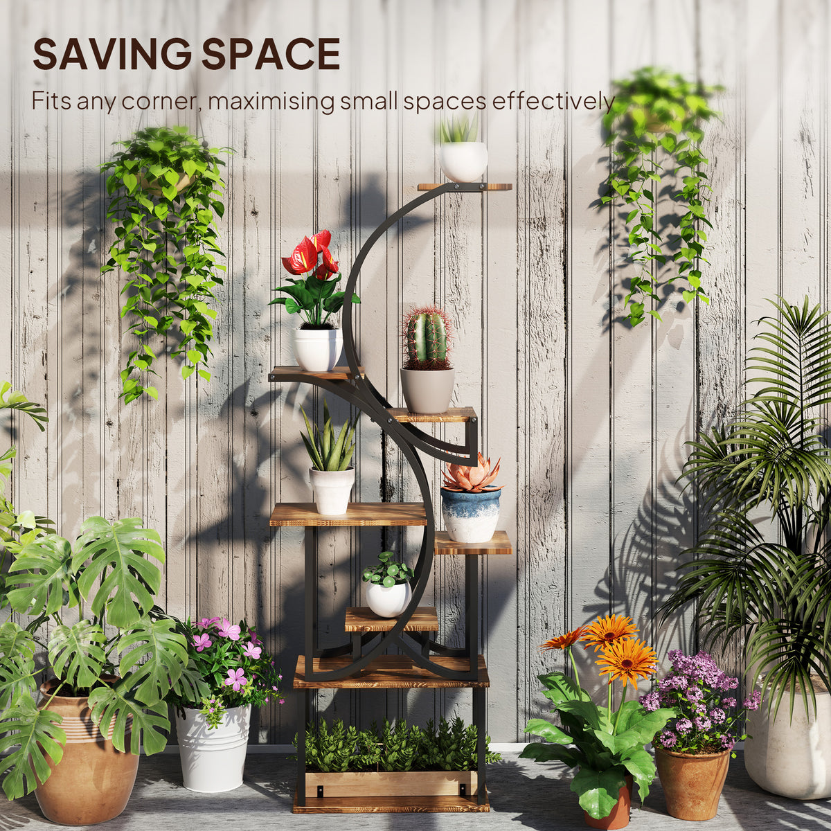 Plant Stand Indoor, 8 Tier 62" S-Shaped Plant Shelf, Corner Plant Rack for Multiple Plants, Carbonised Finish