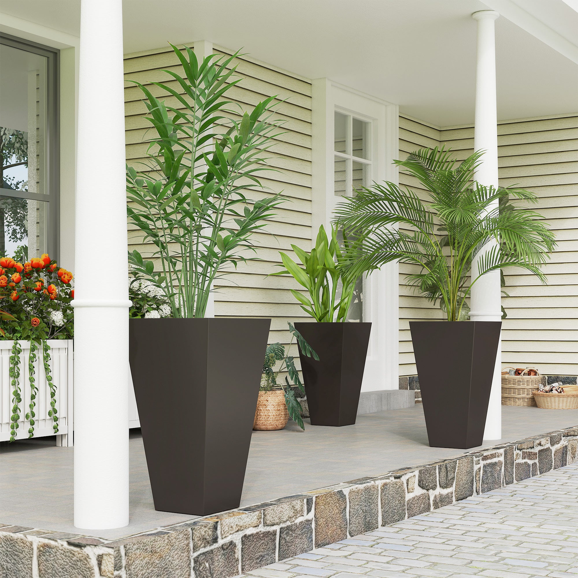 28ft Tall Plastic Planters, Set of 3, Flower Pot, anti-crack, fade-resistant, square shape with a matte surface, Outdoor & Indoor, for lawns, patios, yards, Brown - Brown - Image 2