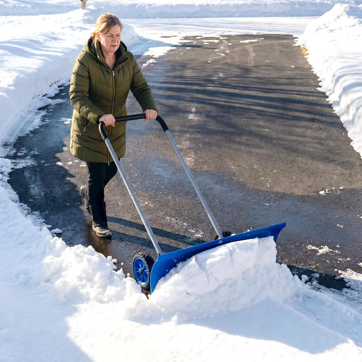 37-Inch Extra Wide Snow Shovel with Wheels, Heavy Duty Aluminum Snow Pusher with Ergonomic Adjustable Handle, Blue