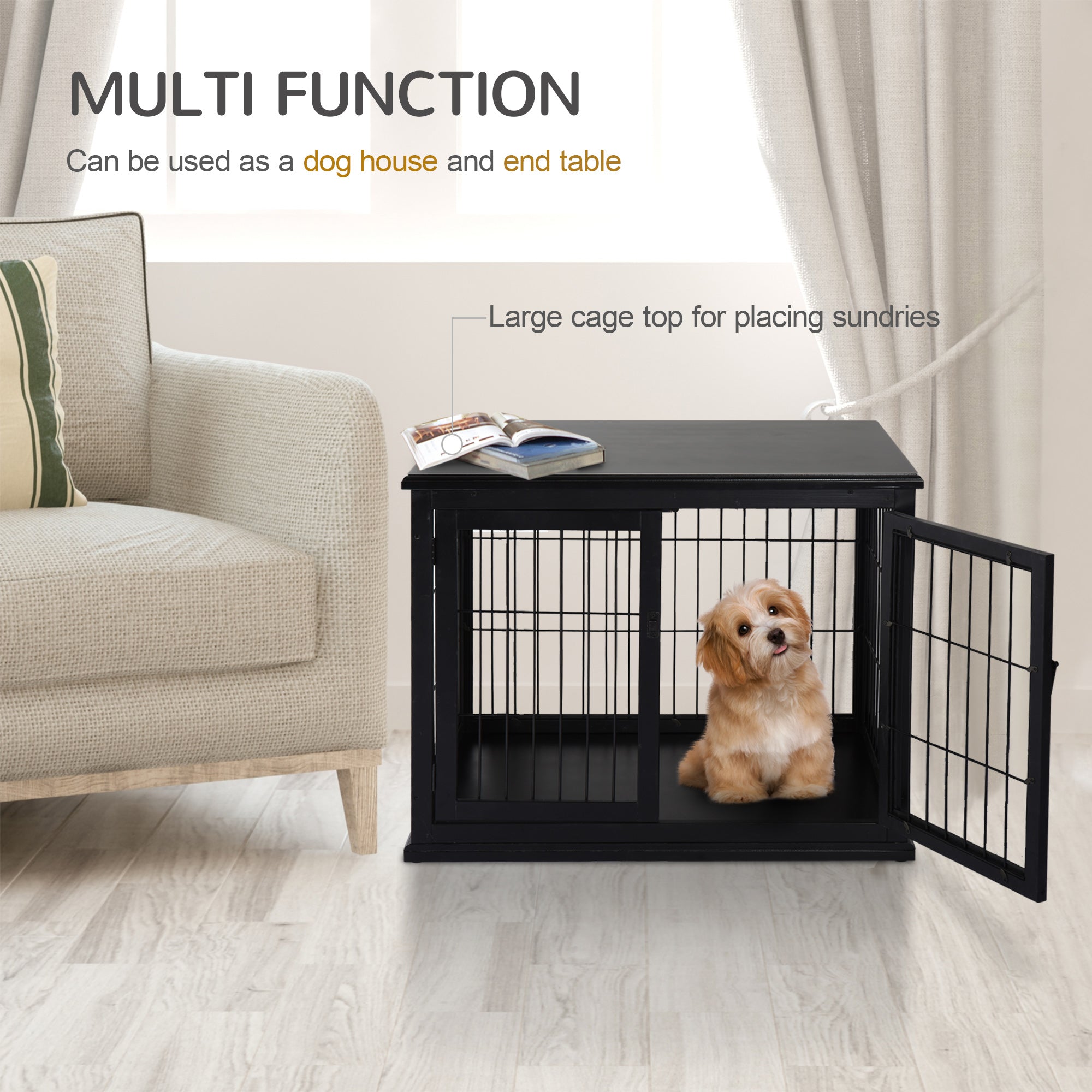 Dog Crate Furniture, 32" Small Dog Cage End Table with 2 Doors, Lockable Door, Puppy Kennel Indoor, Black - Black - Image 5