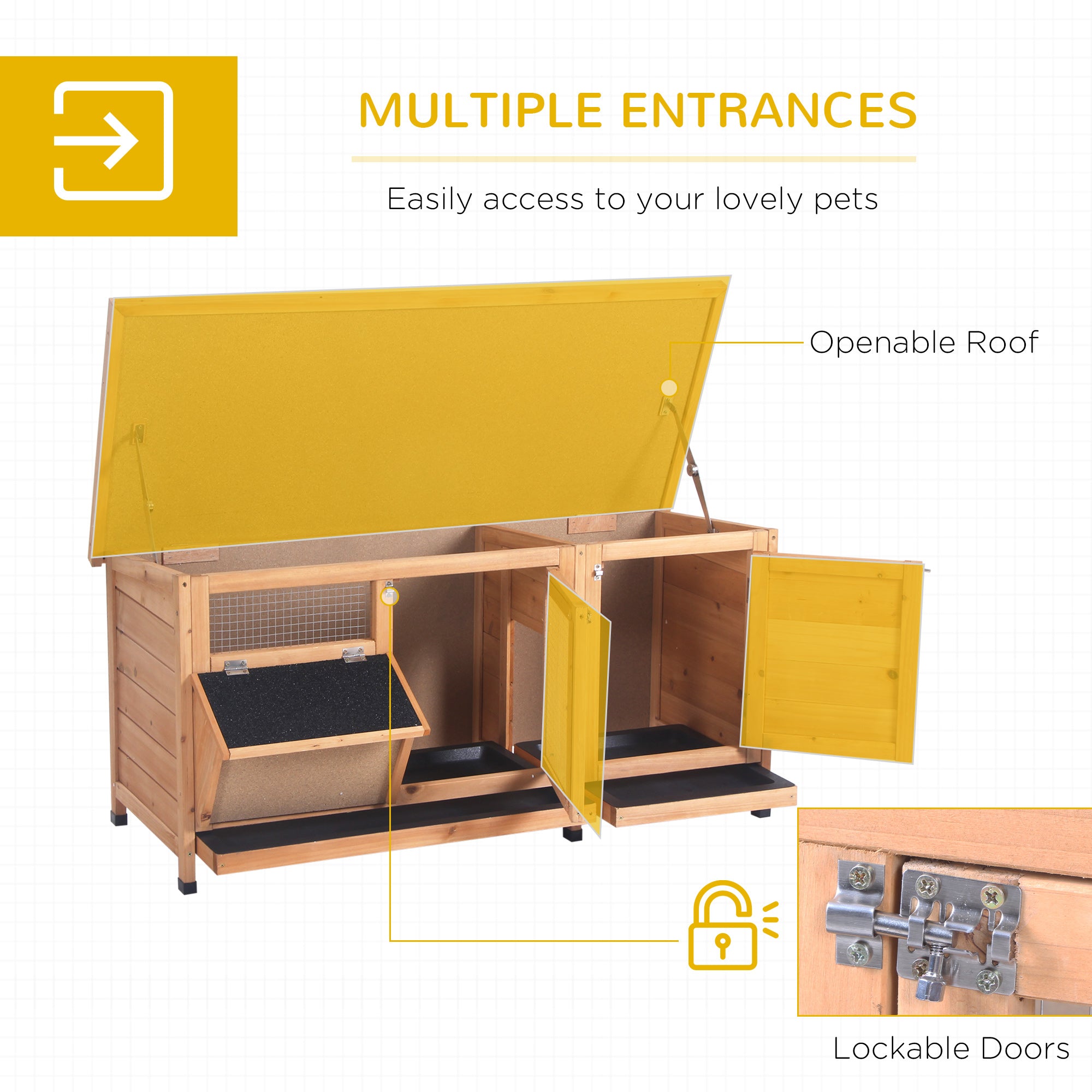 Large Bunny Hutch, Rabbit Cage with 2 Outside Areas and 1 Main House for Small Animals, Yellow - Yellow - Image 5