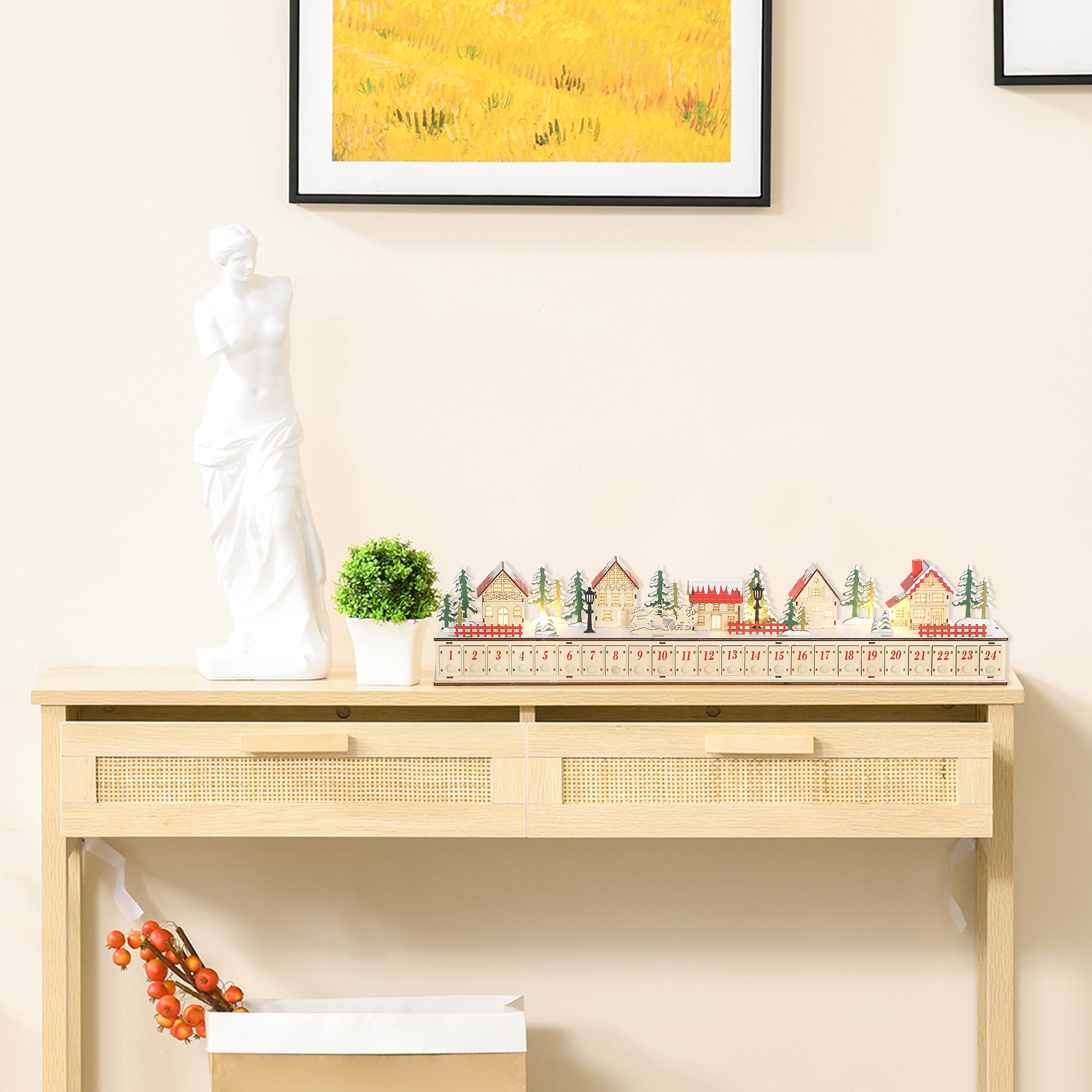 Christmas Advent Calendar with 24 Countdown Drawers and LED Lights, Wood-Effect Advent Calendar, Battery Operated
