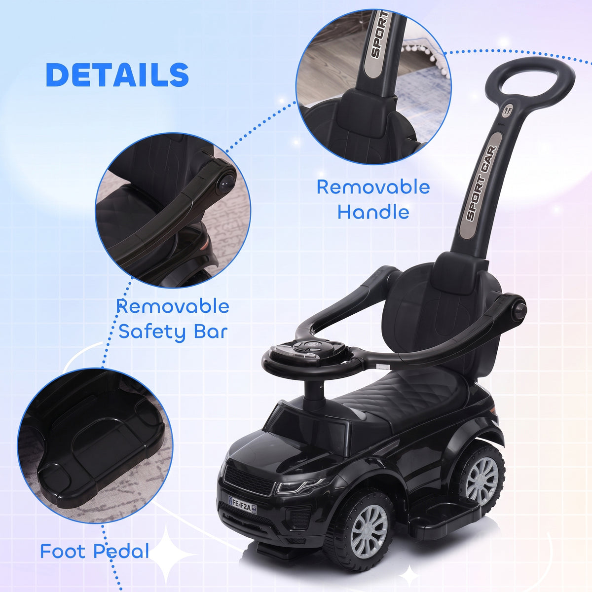 3 In 1 Push Cars for Toddlers Kid Ride on Push Car Stroller Sliding Car with Horn Music, Black