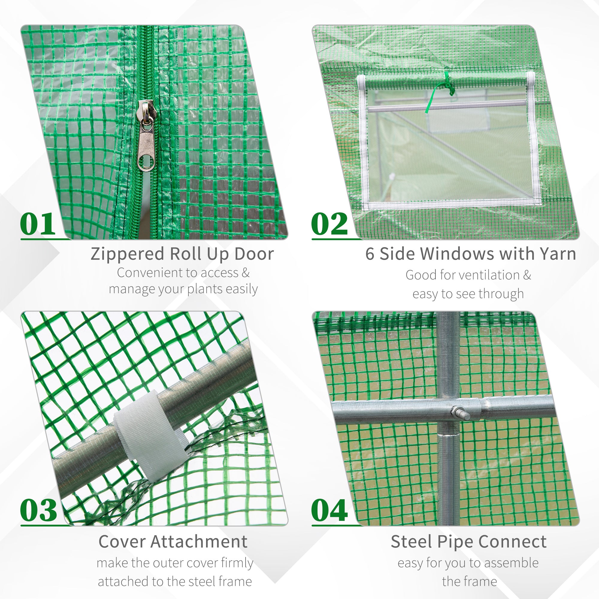 15' x 7' x 7' Walk-in Tunnel Hoop Greenhouse, Green House for Outside with PE Cover, Steel Frame, Roll-Up Zipper Door & Windows for Flowers, Vegetables, Tropical Plants, Green - Green - Image 5