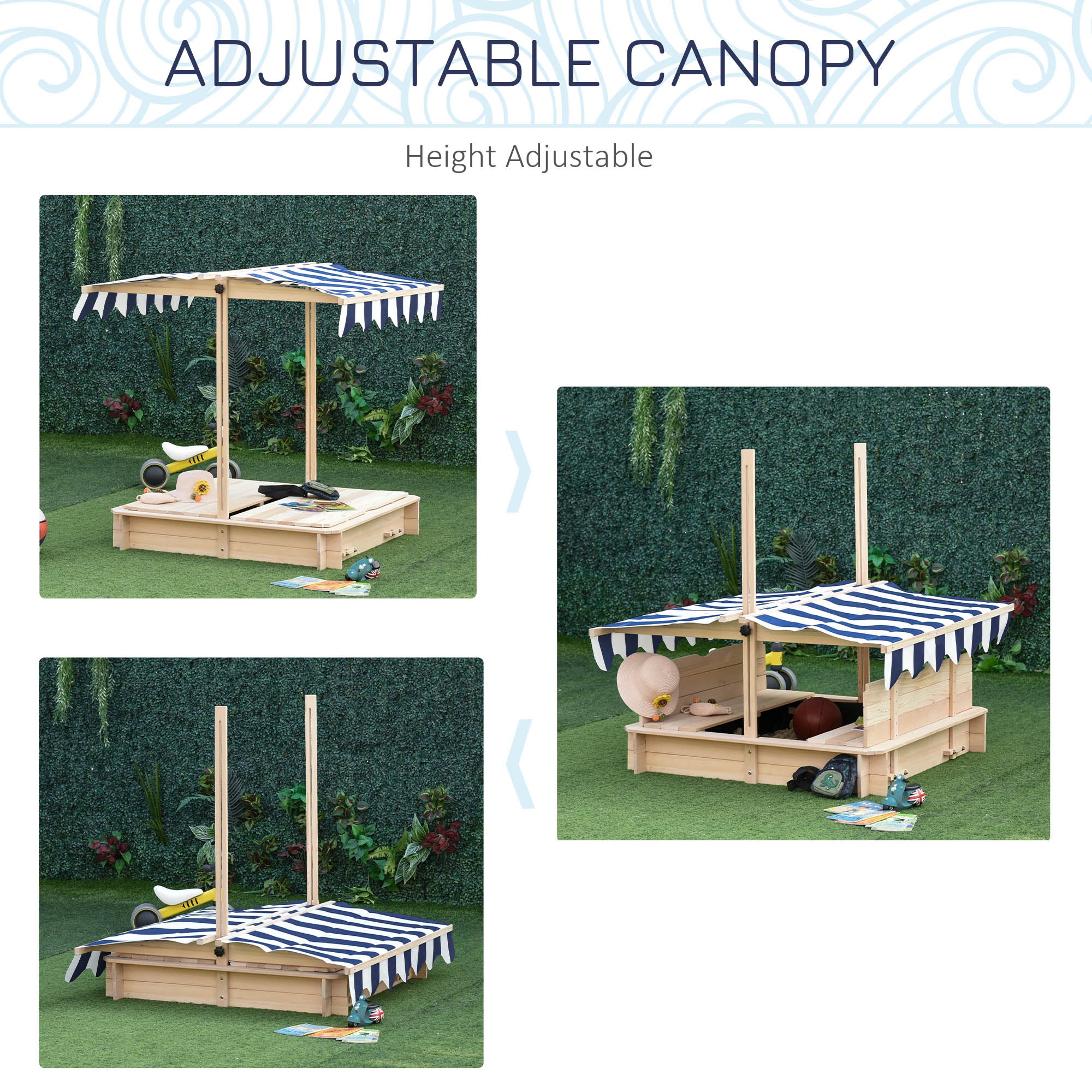 Covered Sandbox, Wooden,with Cover Adjustable Canopy, Detachable Seats and Backrests, Kids Sandbox with Convertible Bench Seat, Bottom Liner, Natural Blue