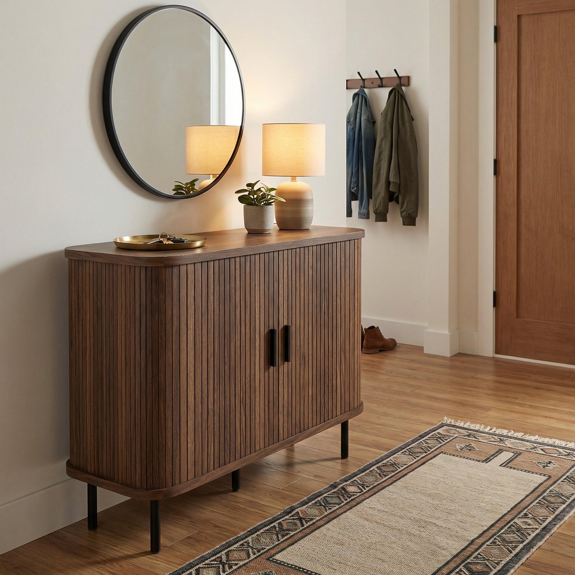 35.4" Sideboard Buffet Cabinet with Storage, Nordic Coffee Bar Cabinet with Slatted Tambour Doors and Metal Legs, Walnut