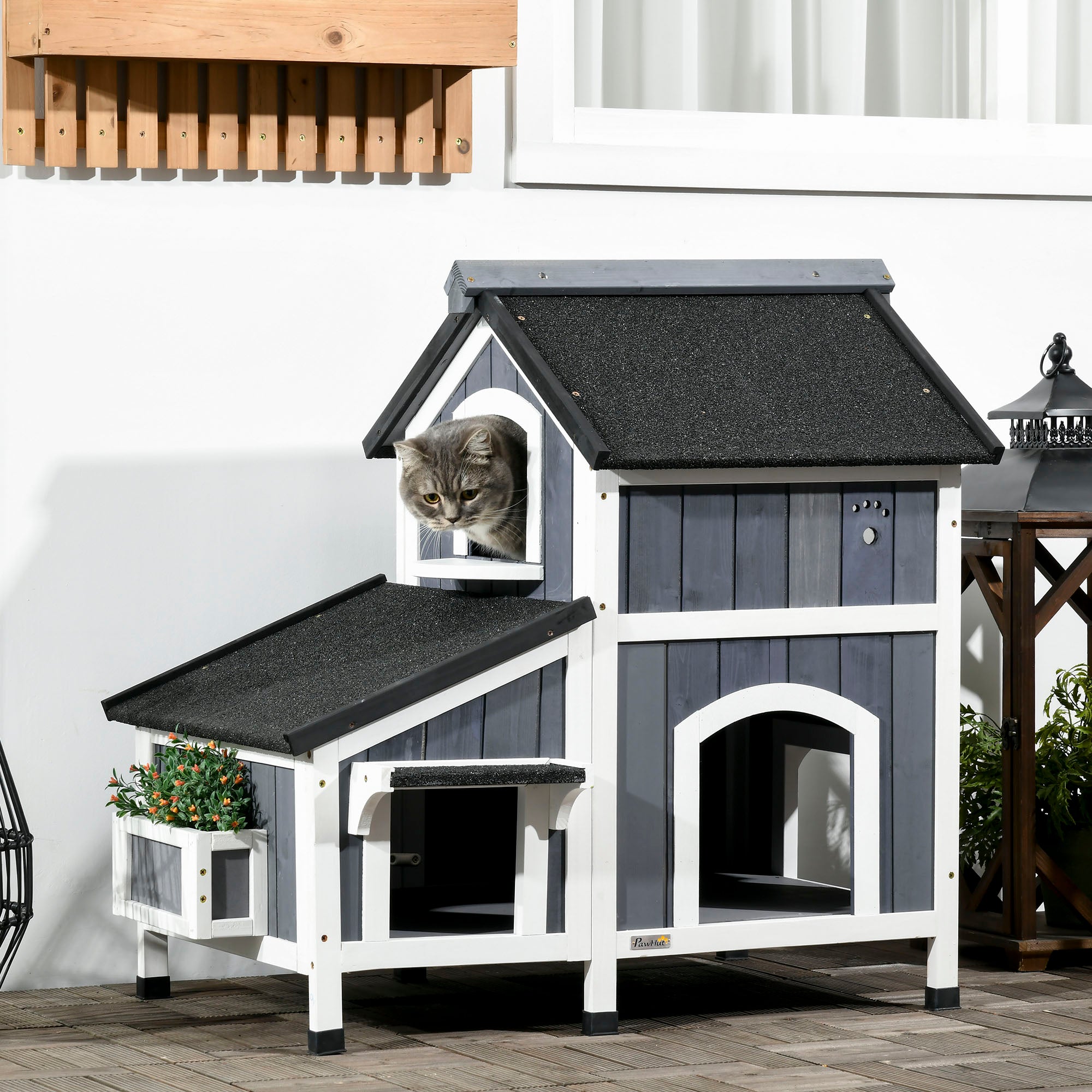 Outdoor Cat House with Weather-resistant Roof & Garden Bed, Outdoor Cat Shelter Enclosure with Multiple Entrances, Modern Cat Furniture Hideout, Cat Gifts, Gray - Gray - Image 2