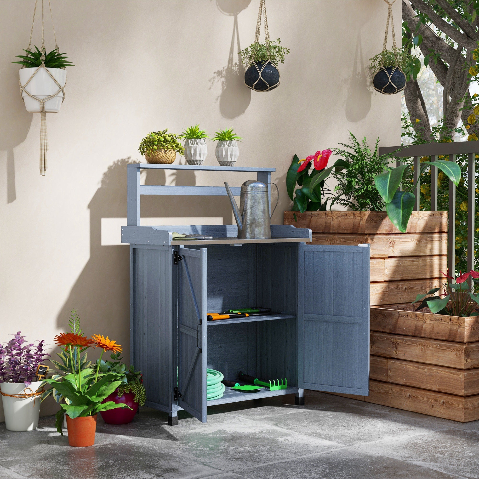 Outdoor Wooden Potting Bench with Storage Cabinet, Shelves, Galvanized Plated Tabletop for Backyard, Balcony, Gray - Gray - Image 2