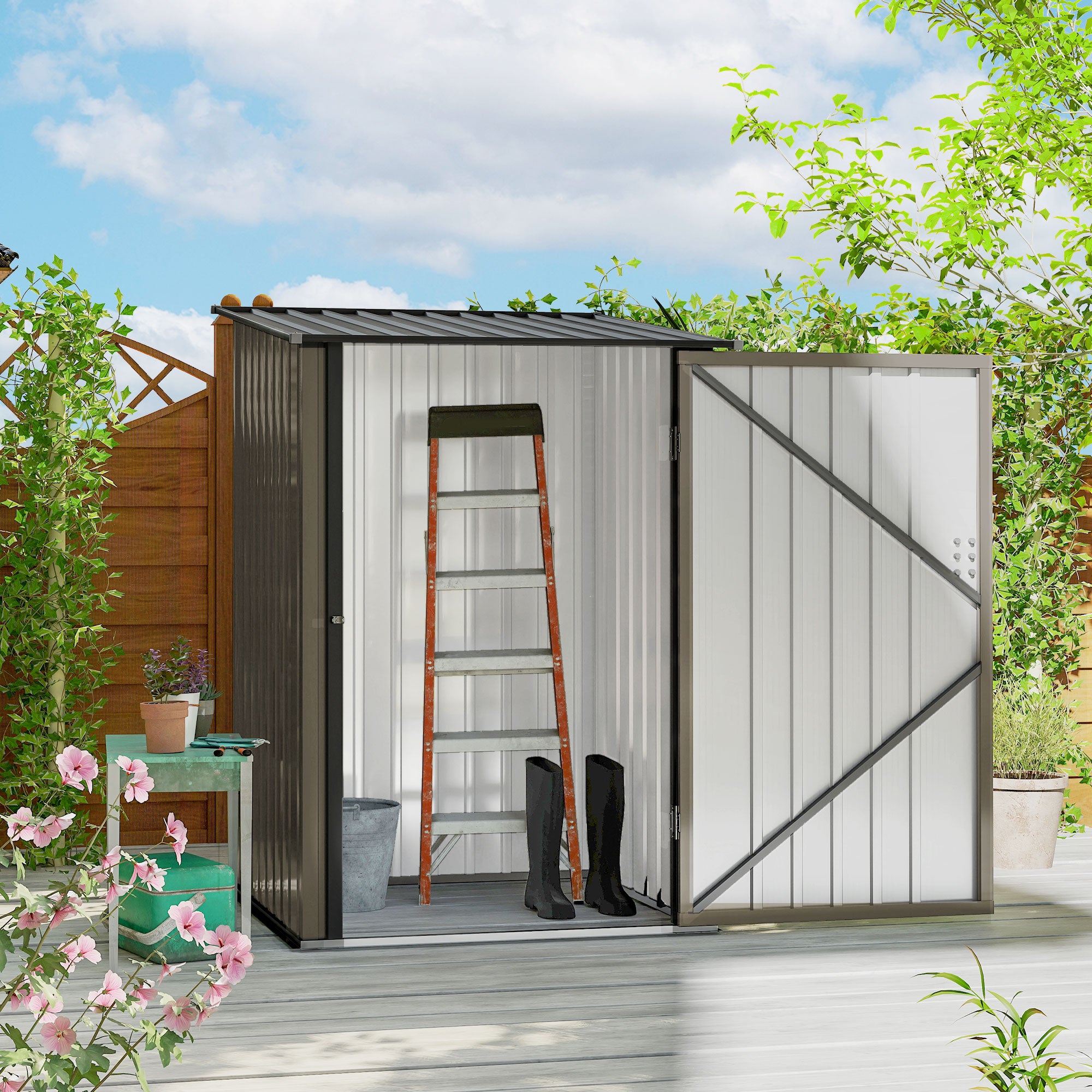 Outdoor 3.3' x 3.4' Lean-to Garden Storage Shed, Galvanized Steel Tool House with Lockable Door for Patio, Brown - Brown - Image 2