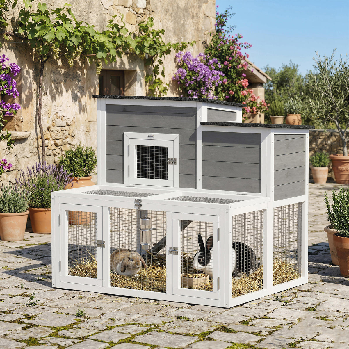 Wooden Rabbit Hutch, 2-Story Bunny Cage with Run, Waterproof & Openable Roof, Pull Out Tray and Ramp for 1-2 Rabbits