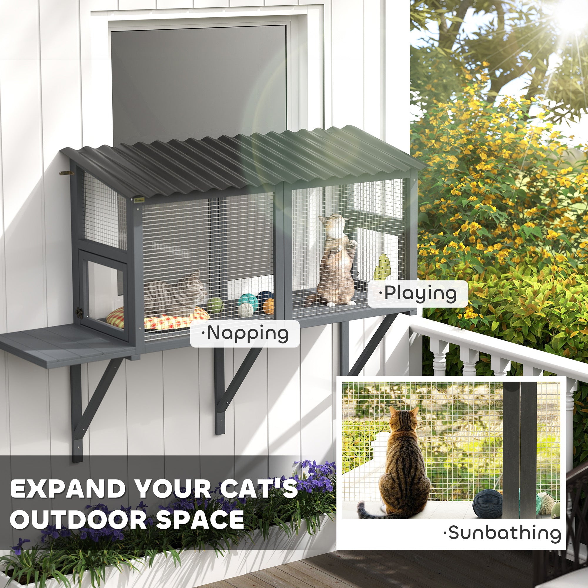 Wooden Cat Catio, Outdoor Cat Enclosure Window Perch with Jumping Platform, for Safely Enjoying Outdoor Sights, Gray - Gray - Image 4