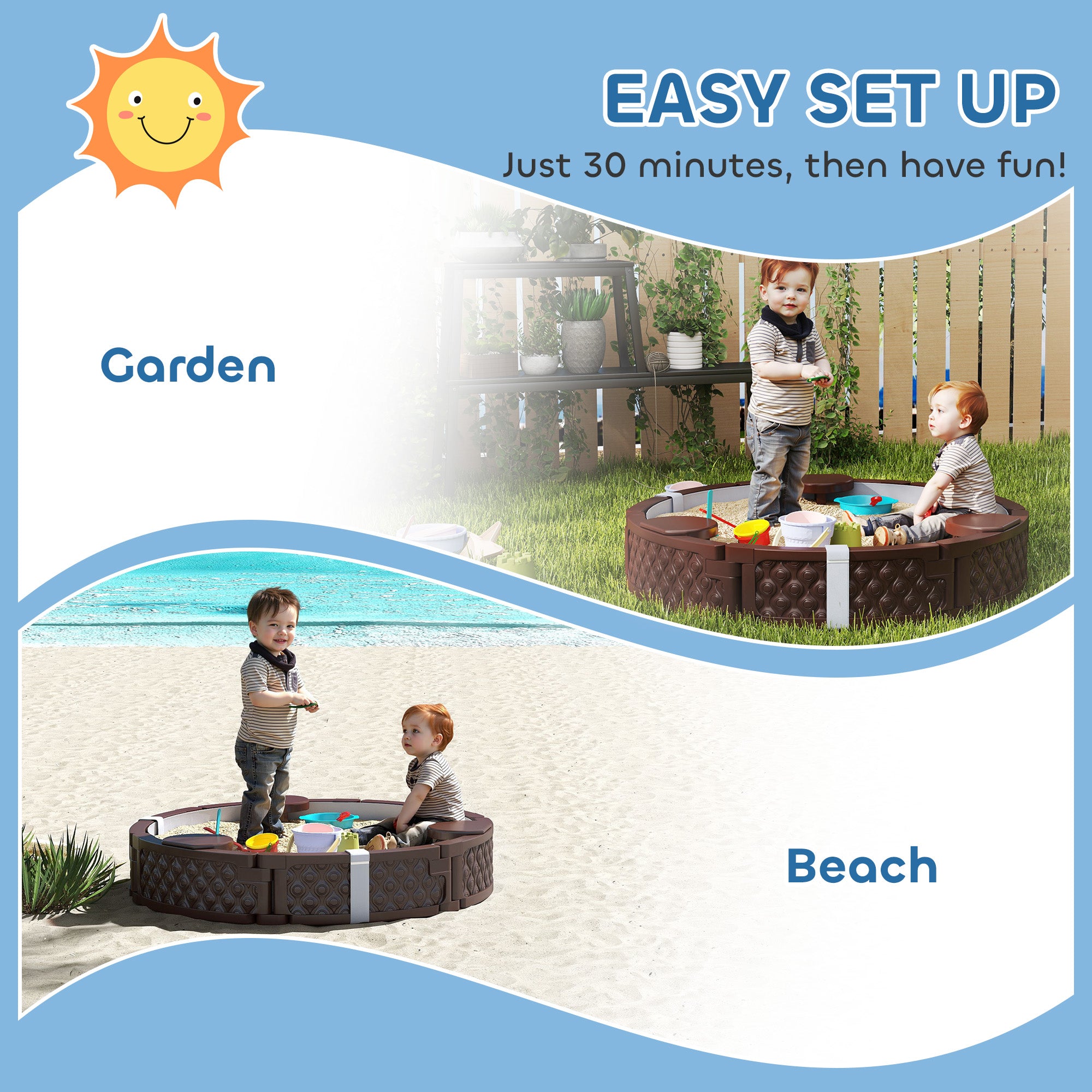 47" Round Kids Sandbox with Cover, 3 Seats, Waterproof Bottom Liner, for Backyard, Lawn, Garden, Beach, Patio, Brown