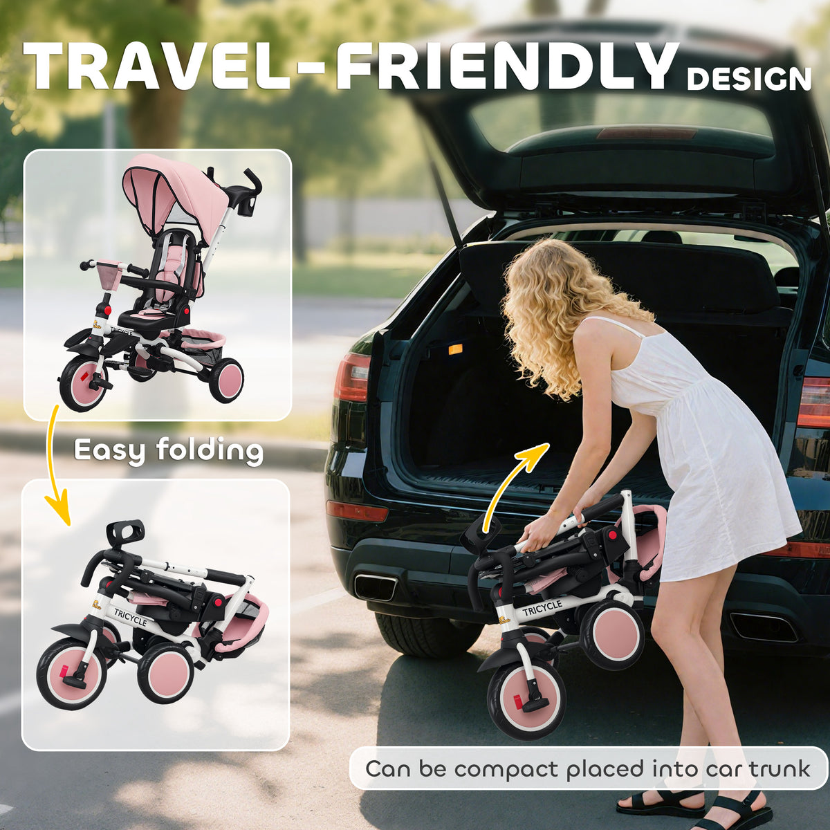 Qaba 6 in 1 Kids Tricycle with Adjustable Push Handle, Removable Canopy, Reversible Seat, for 1-5 Years, Pink