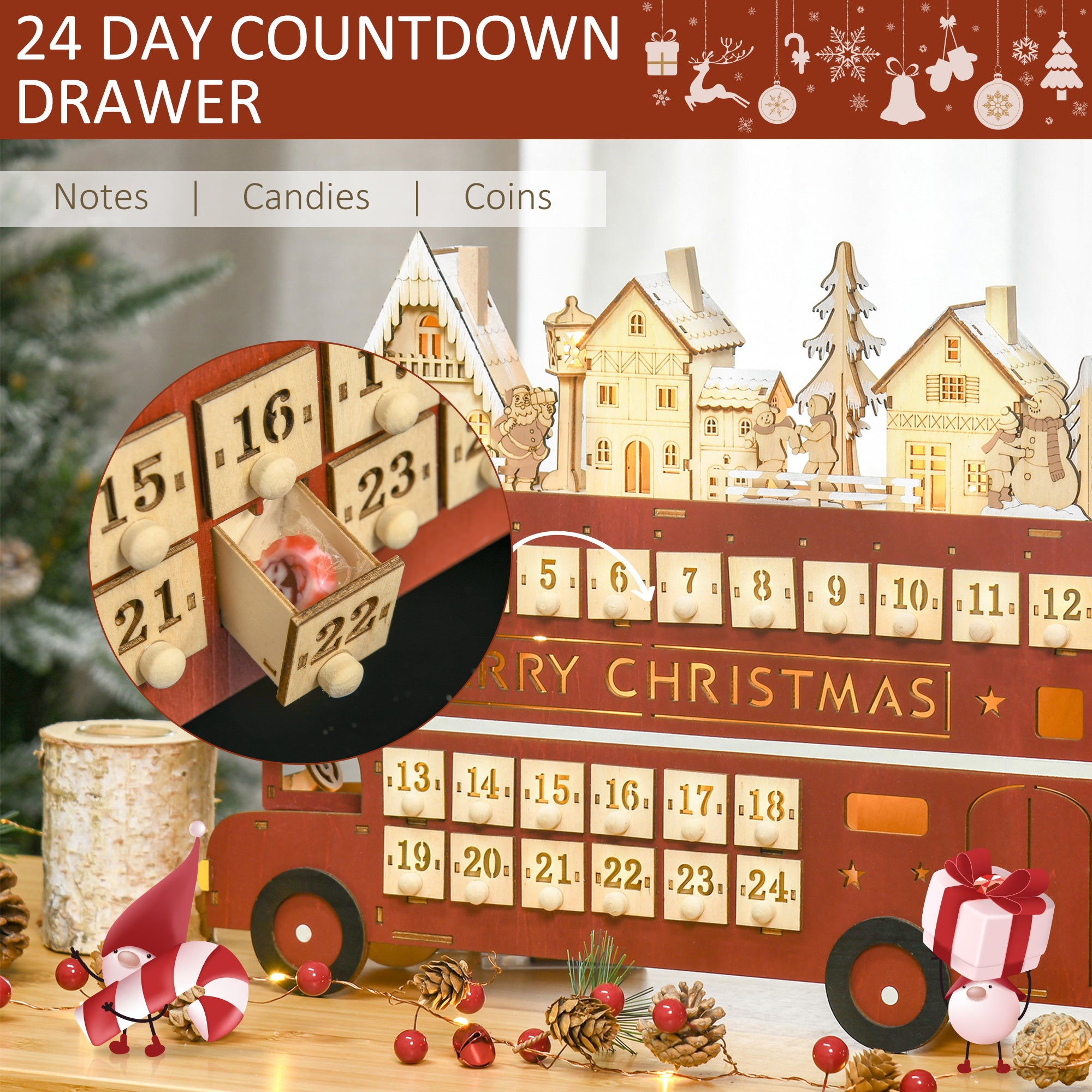 Christmas Advent Calendar, Light Up Table Xmas Wooden Bus Holiday Decoration with Countdown Drawer, Santa Claus Street House, for Kids and Adults