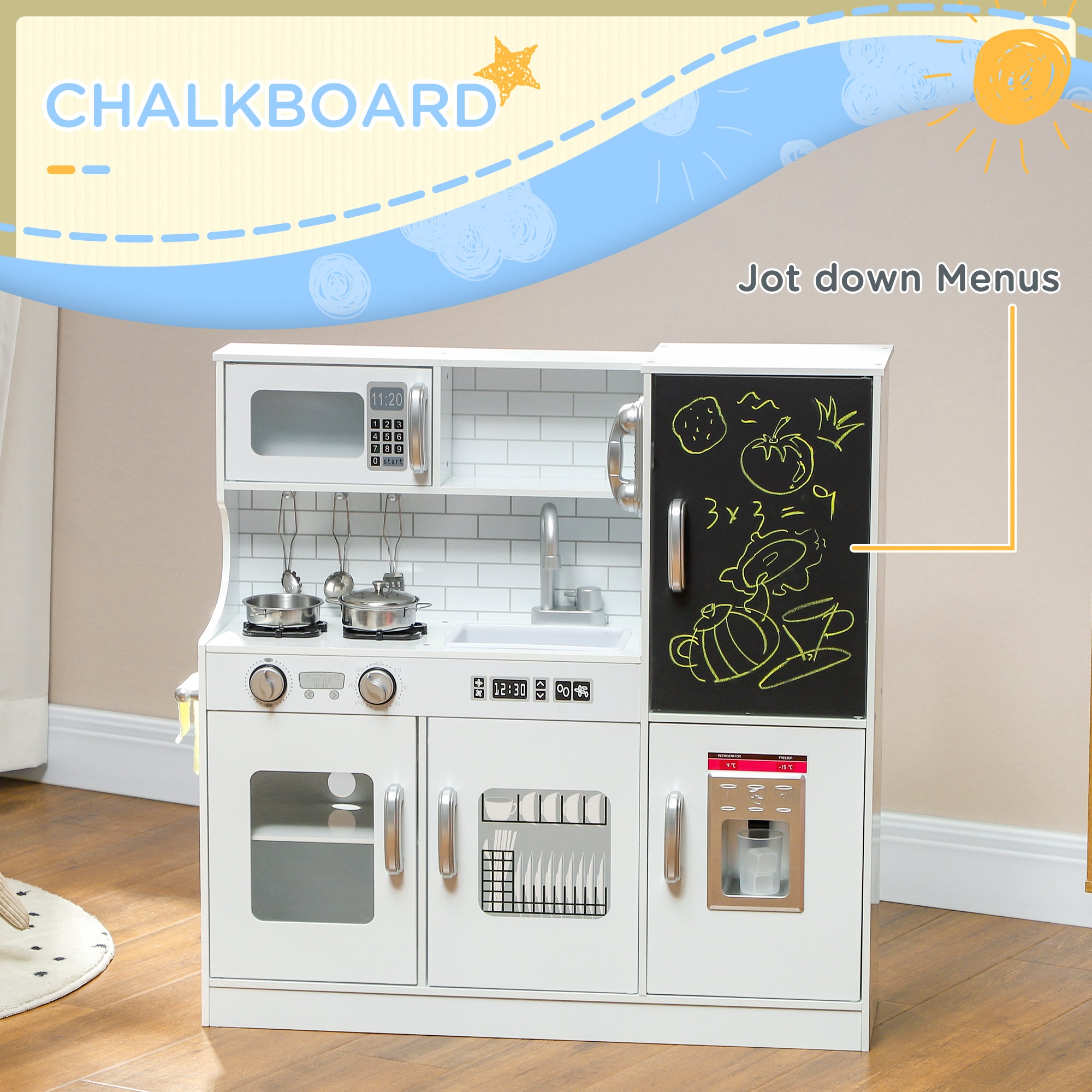 Pretend Play Kitchen, Kids Kitchen Playset with Play Phone, Chalkboard, Towel Rack & Ice Maker for 3-8 Years White