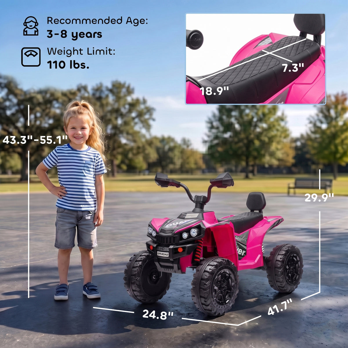 24V 2 Seater Ride On Toys, Kids ATV 4 Wheeler with Dual Motors, High & Low Speed for Boys Girls Aged 3-8 Years, Pink