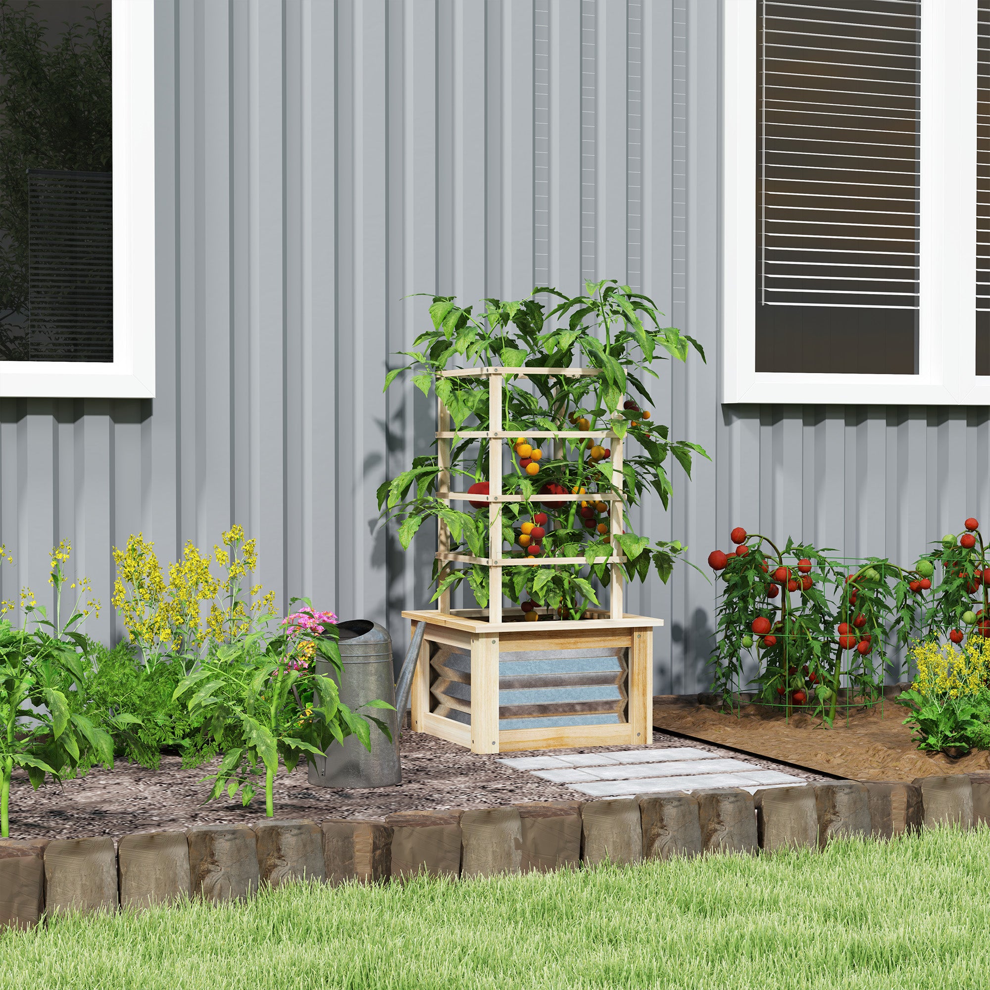 Wooden Raised Garden Bed with Trellis, Galvanized Planter Box Elevated Garden Bed for Garden, Patio, Natural Wood - Natural Wood - Image 2