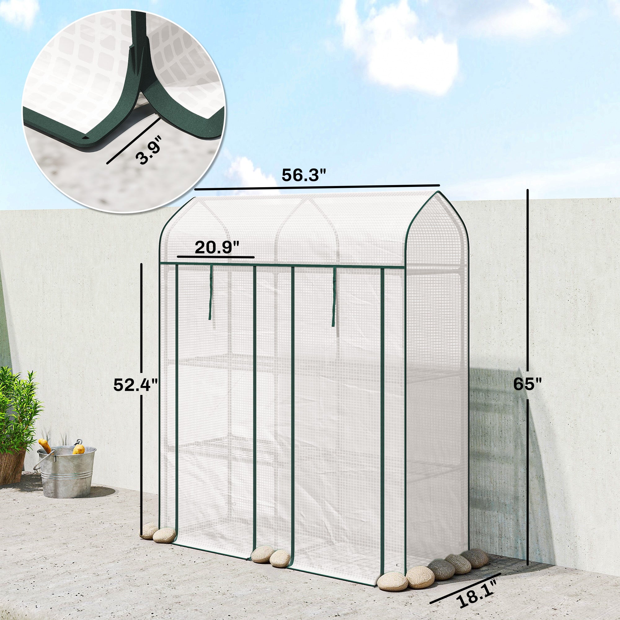 3 Tier Mini Greenhouse, Small Portable Greenhouse with 2 Roll-up Doors, 56.3" x 18.1" x 65", White - White - Image 3