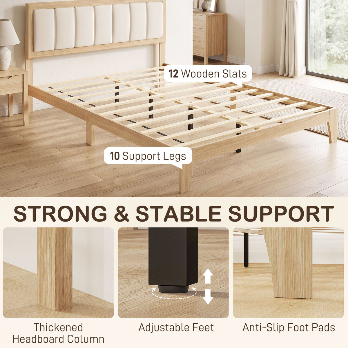 Full Bed Frame with Headboard Queen Size Platform Bed Frame with Wooden Slats No Box Spring Needed Easy Assembly Oak
