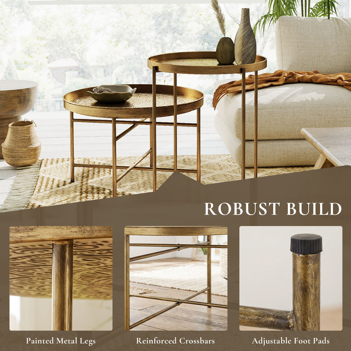 Coffee Table Set for Living Room, Round Center Table Set with Hammered Tray Top and Metal Frame for Bedroom, Gold